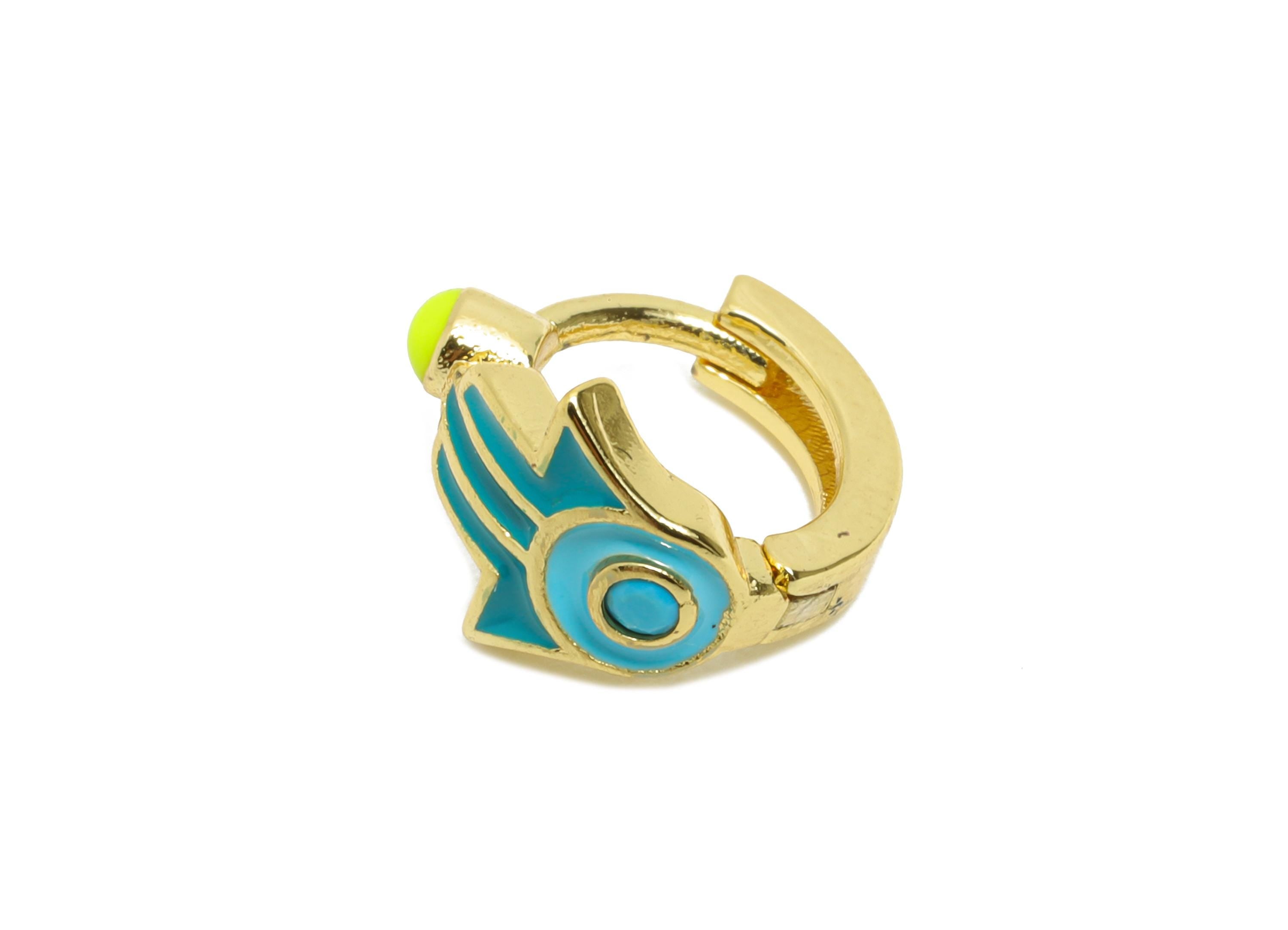 Gold Hamsa Huggie Hoop Clasp - Mini Enamel Statement Earring - Modern Brass Hoop Clasp - 18K Real Gold Plated - 11.41x12.1x8.41mm - RGP9755 - DOMEDBAZAAR