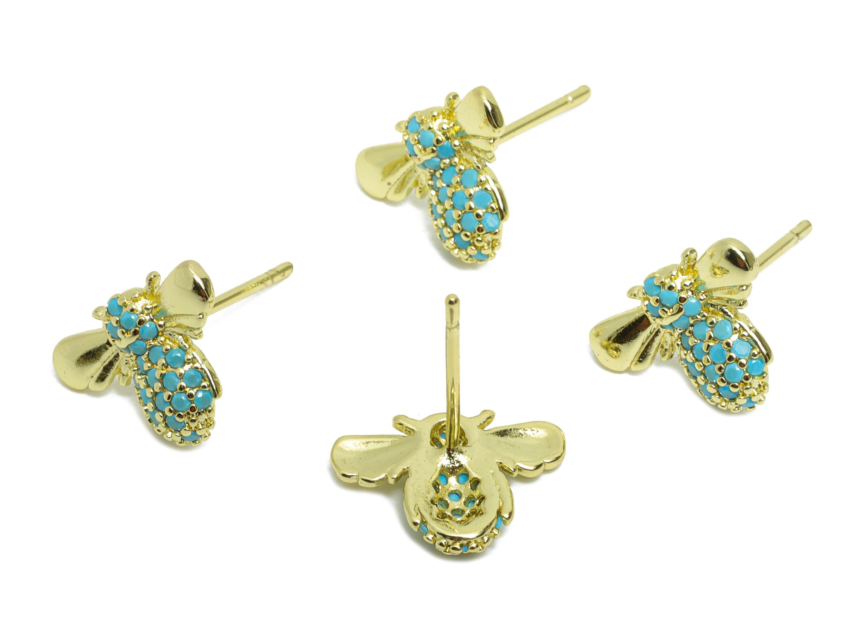 Sparkling Gold CZ Studs - Dainty Bee Insects Earring Post - Brass Modern Jewelry - 18K Real Gold Plated Brass - 9.25x12.91x0.81mm - RGP9828 - DOMEDBAZAAR