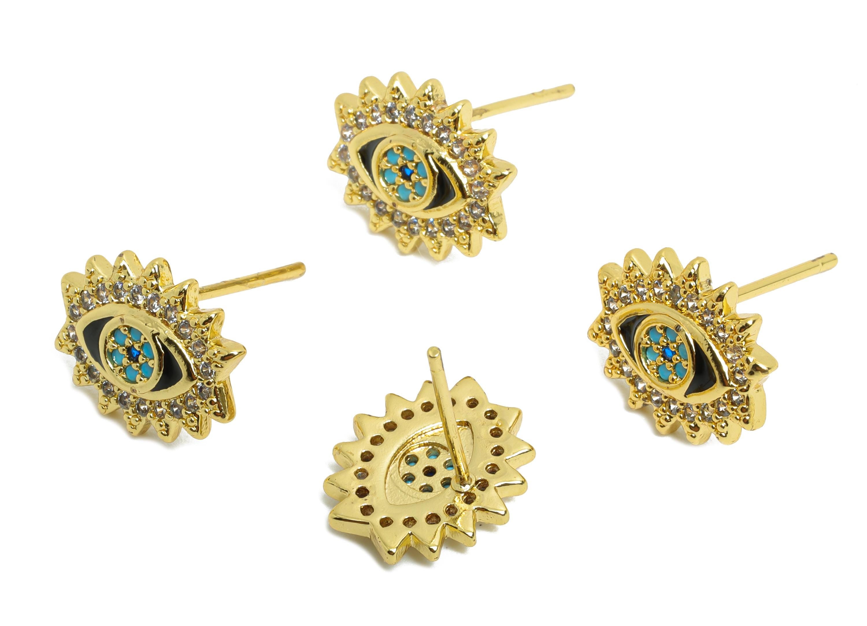 Sparkling Evil Eye Gold CZ Studs - Enamel Eye Earring Post - Brass Minimalism Jewelry - 18K Real Gold Plated - 10.49x12.19x0.76mm - RGP9842 - DOMEDBAZAAR