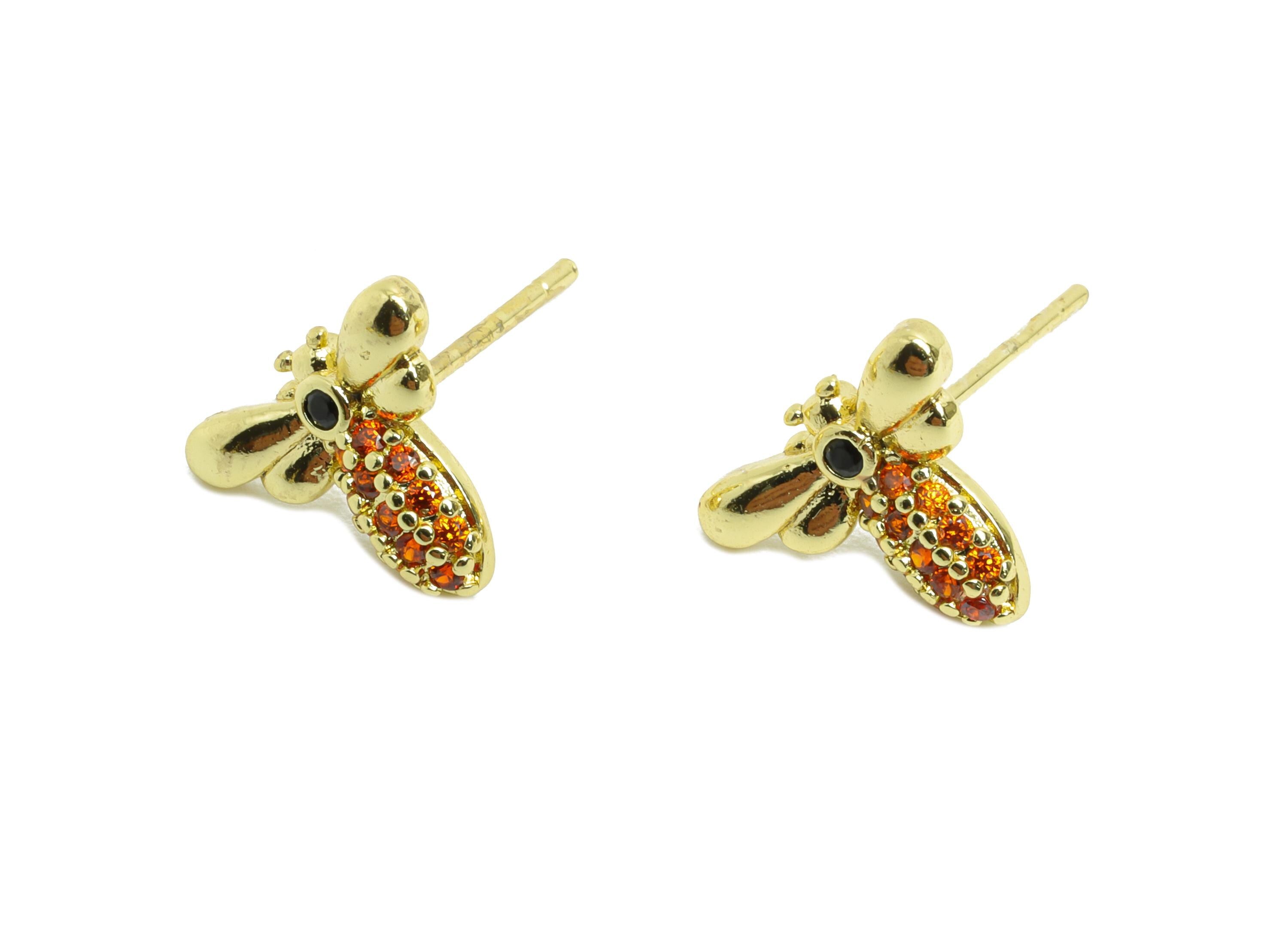 Sparkling Gold CZ Studs - Dainty Dragonfly Insects Earring Post - Brass Modern Jewelry - 18K Real Gold Plated - 10.12x12.06x0.82mm - RGP9826 - DOMEDBAZAAR