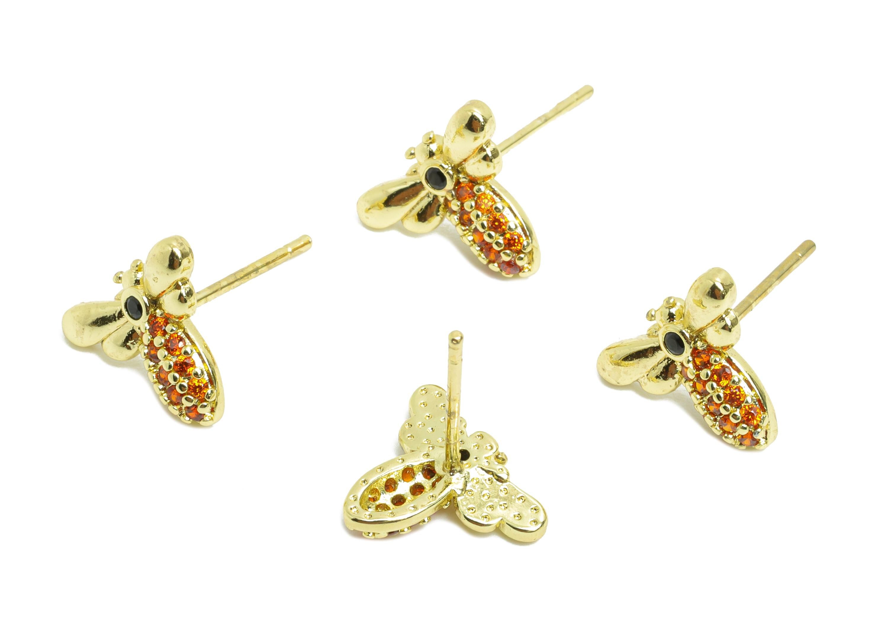 Sparkling Gold CZ Studs - Dainty Dragonfly Insects Earring Post - Brass Modern Jewelry - 18K Real Gold Plated - 10.12x12.06x0.82mm - RGP9826 - DOMEDBAZAAR