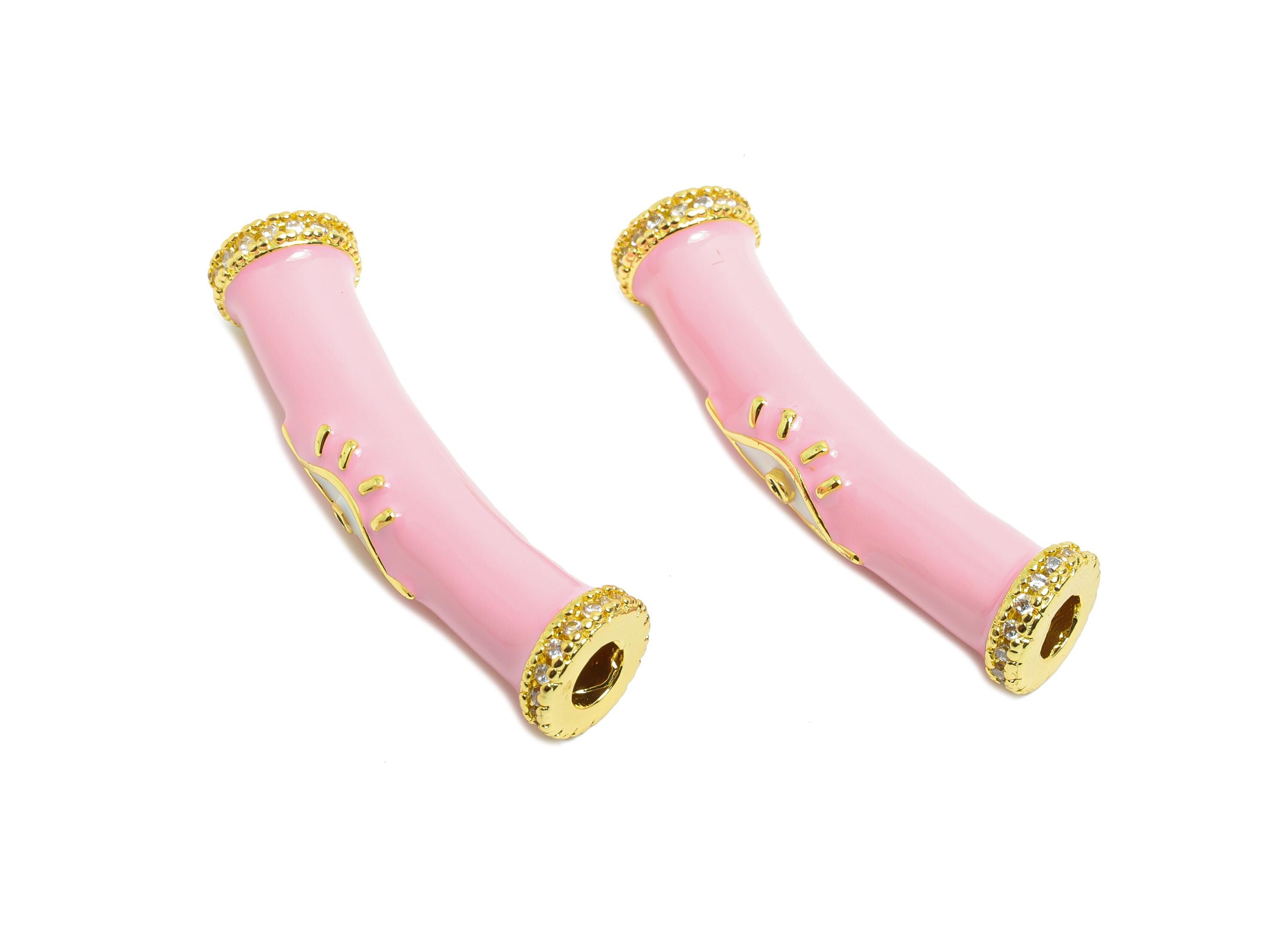 Handmade Bracelet Bead - Gold Enamel Eye CZ Curved Spacer Tube - DIY Jewelry Accessories - 18K Real Gold Plated - 34.01x8.54x6.54mm- RGP9733 - DOMEDBAZAAR