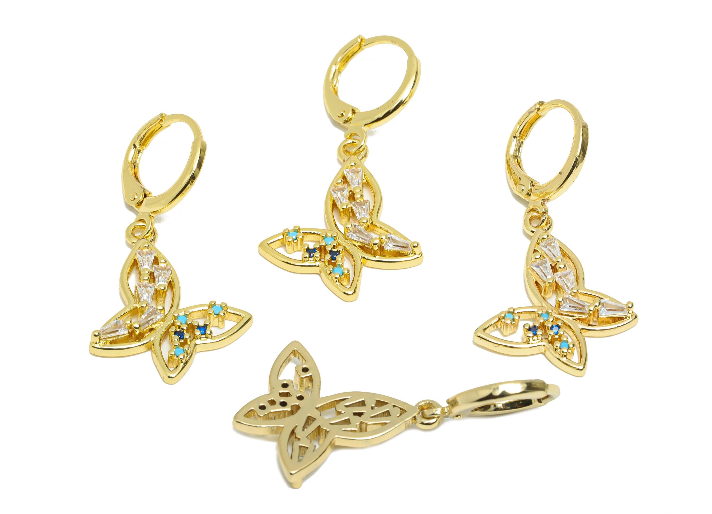Brass CZ Butterfly Hoop - Zircon Sparking Lever back Hoop - Gold Butterfly Dangle Earring Hoop - 18K Real Gold Plated - 34x18x3mm - RGP9790 - DOMEDBAZAAR