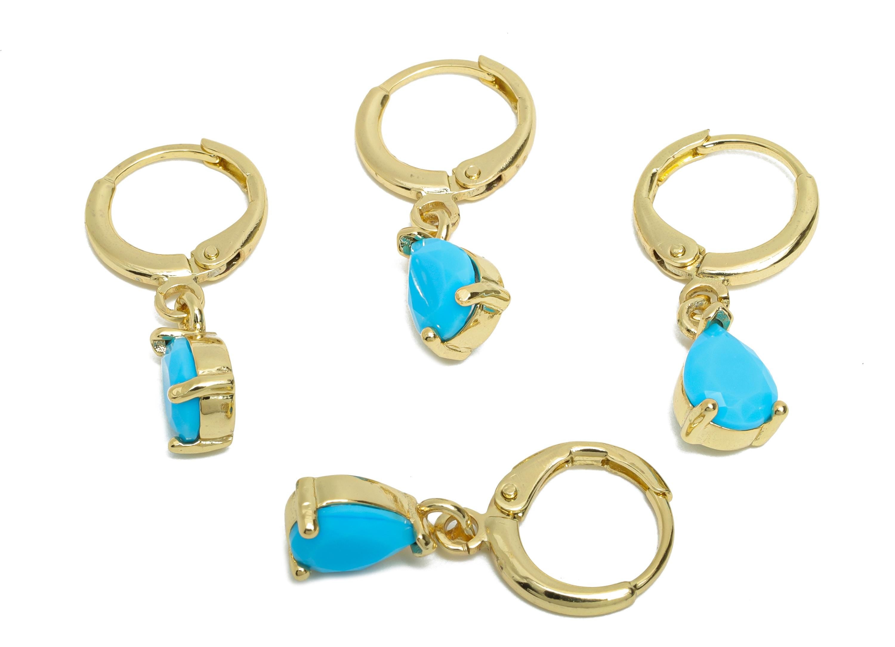 Dangle Drop Hoop Lever back Earring - Blue Glass Drop Earring - Brass Gold Huggie Hoop Clasp - 18K Gold Plated - 25.18x6.17x4.36mm - RGP9799 - DOMEDBAZAAR