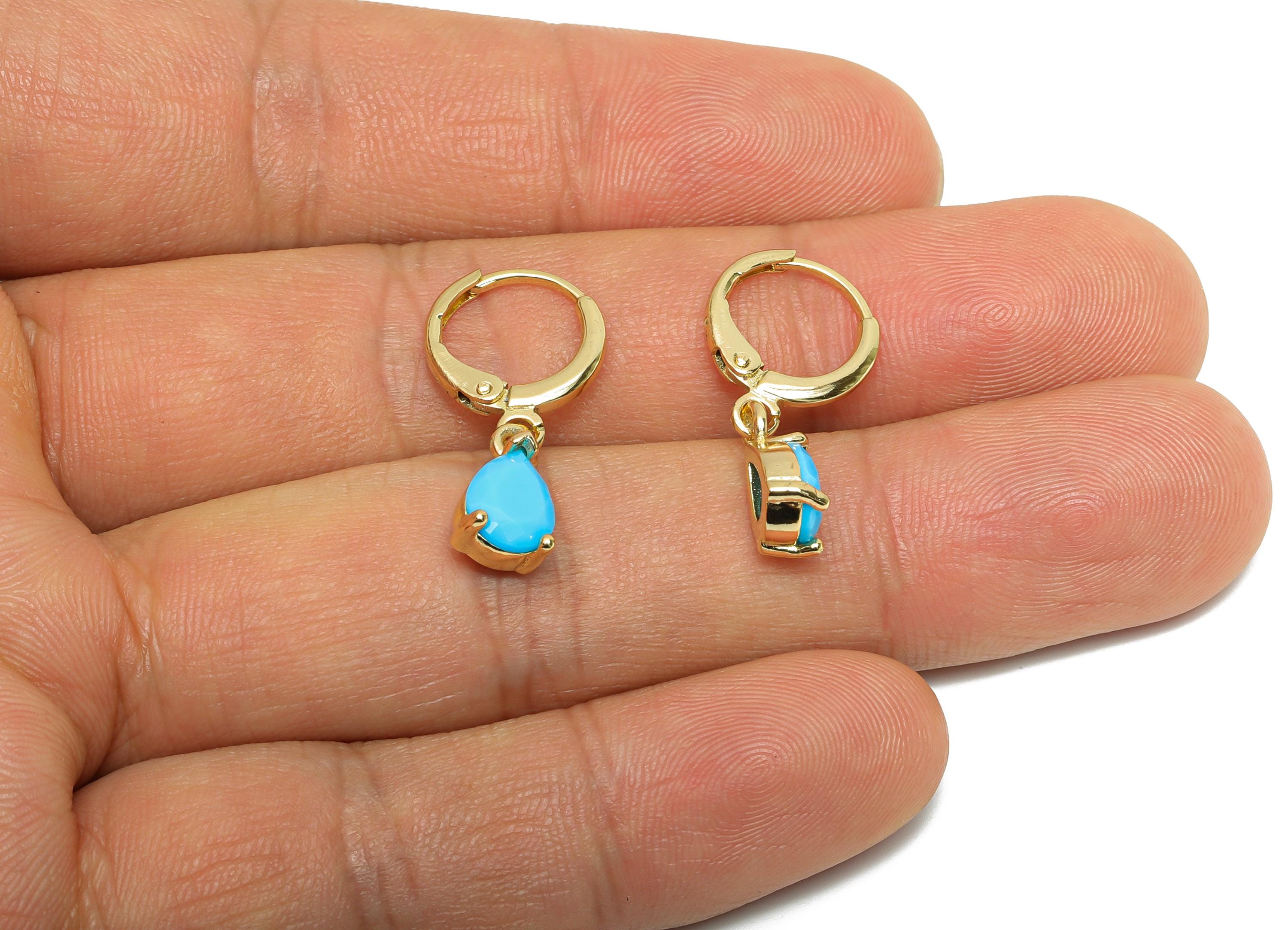 Dangle Drop Hoop Lever back Earring - Blue Glass Drop Earring - Brass Gold Huggie Hoop Clasp - 18K Gold Plated - 25.18x6.17x4.36mm - RGP9799 - DOMEDBAZAAR
