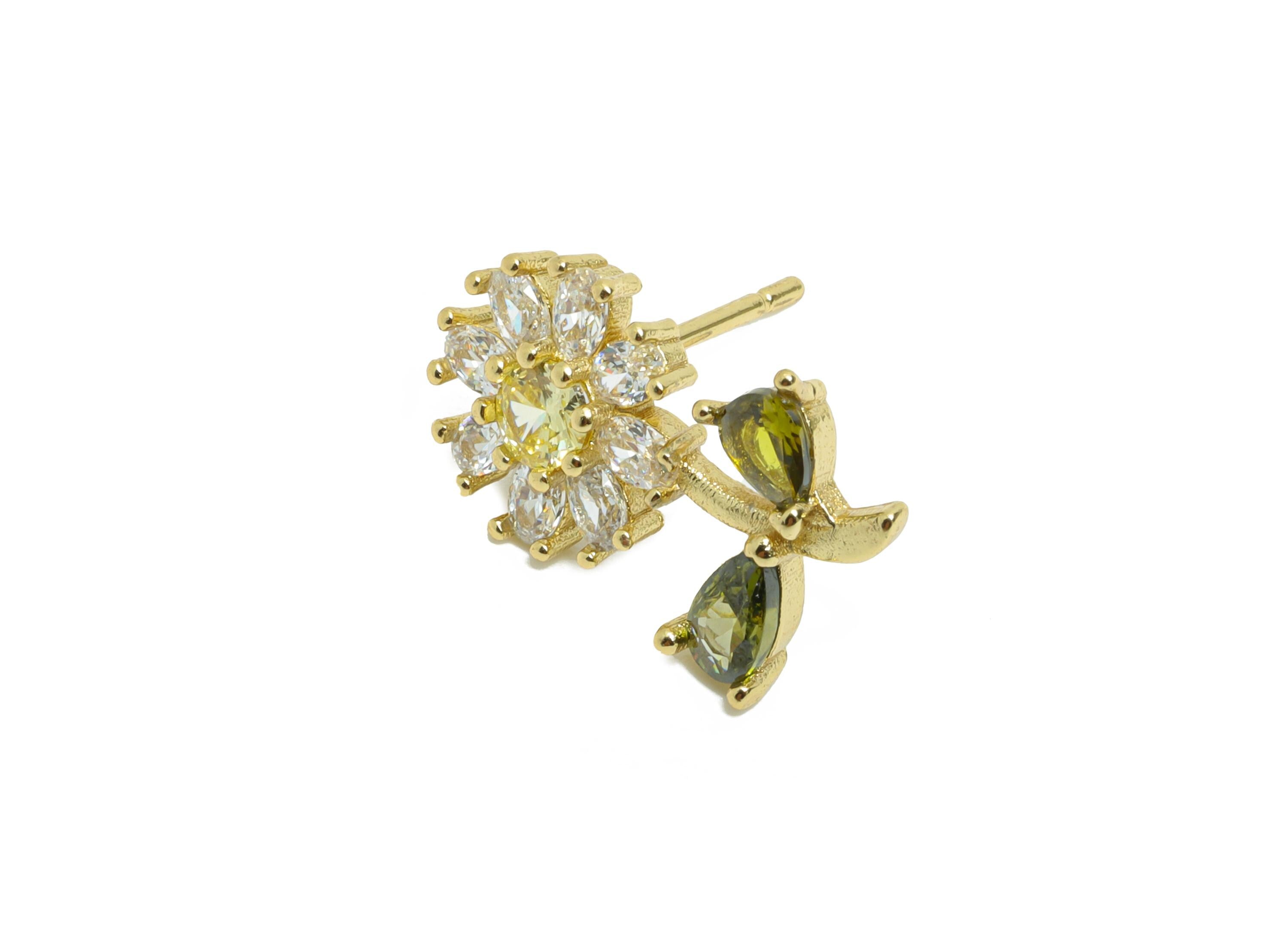 Sparkling Sunflower CZ Studs - Gold Botanical Earring Post - Brass Minimalism Jewelry - 18K Real Gold Plated - 17.84x11.09x0.84mm - RGP9843 - DOMEDBAZAAR