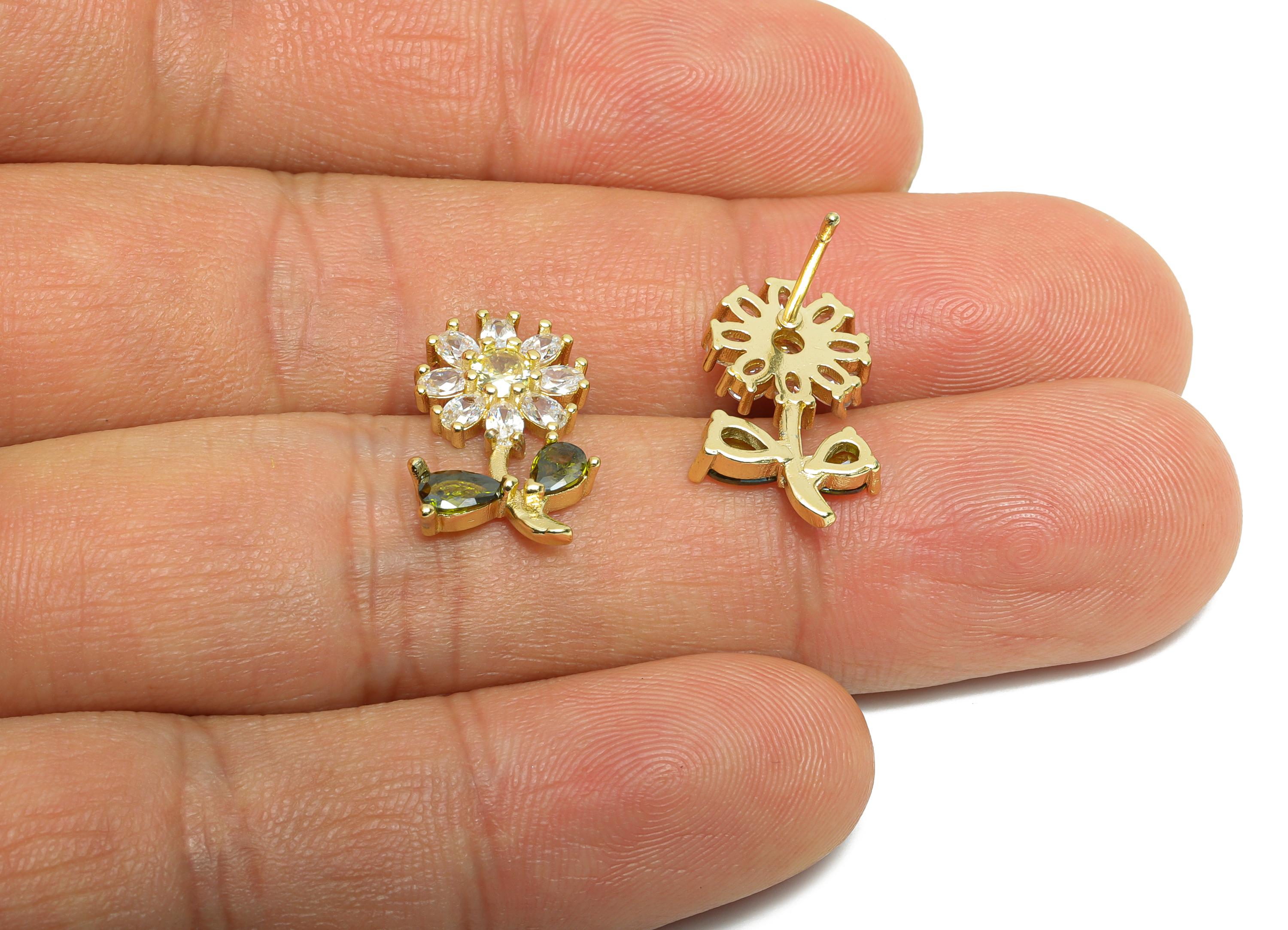 Sparkling Sunflower CZ Studs - Gold Botanical Earring Post - Brass Minimalism Jewelry - 18K Real Gold Plated - 17.84x11.09x0.84mm - RGP9843 - DOMEDBAZAAR