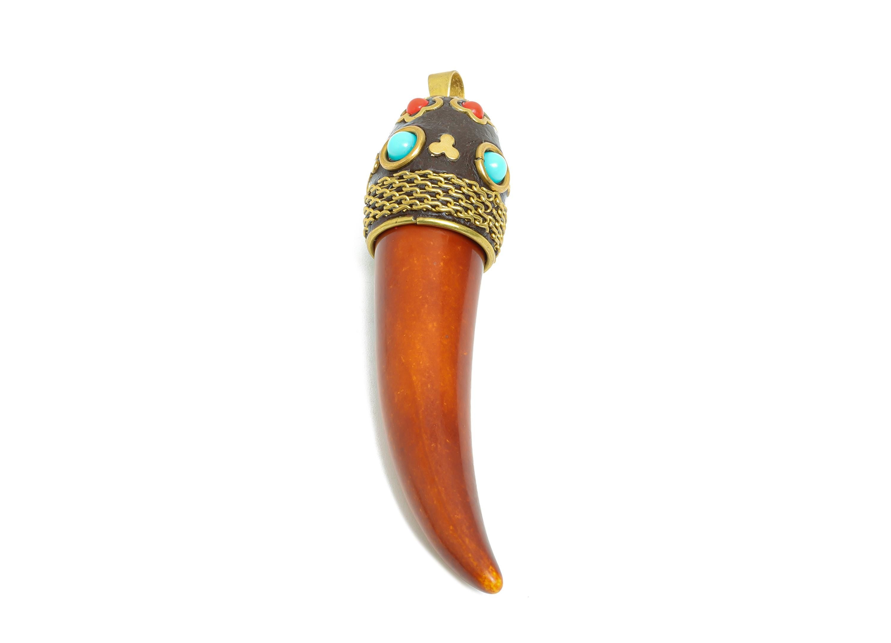 Sandalwood Fangs Pendant - Bohemian Polymer Clay Necklace Pendant - Resin Nepalese Handmade Artistry Jewelry - 82.38x18.58x16.48mm - RGP9848 - DOMEDBAZAAR