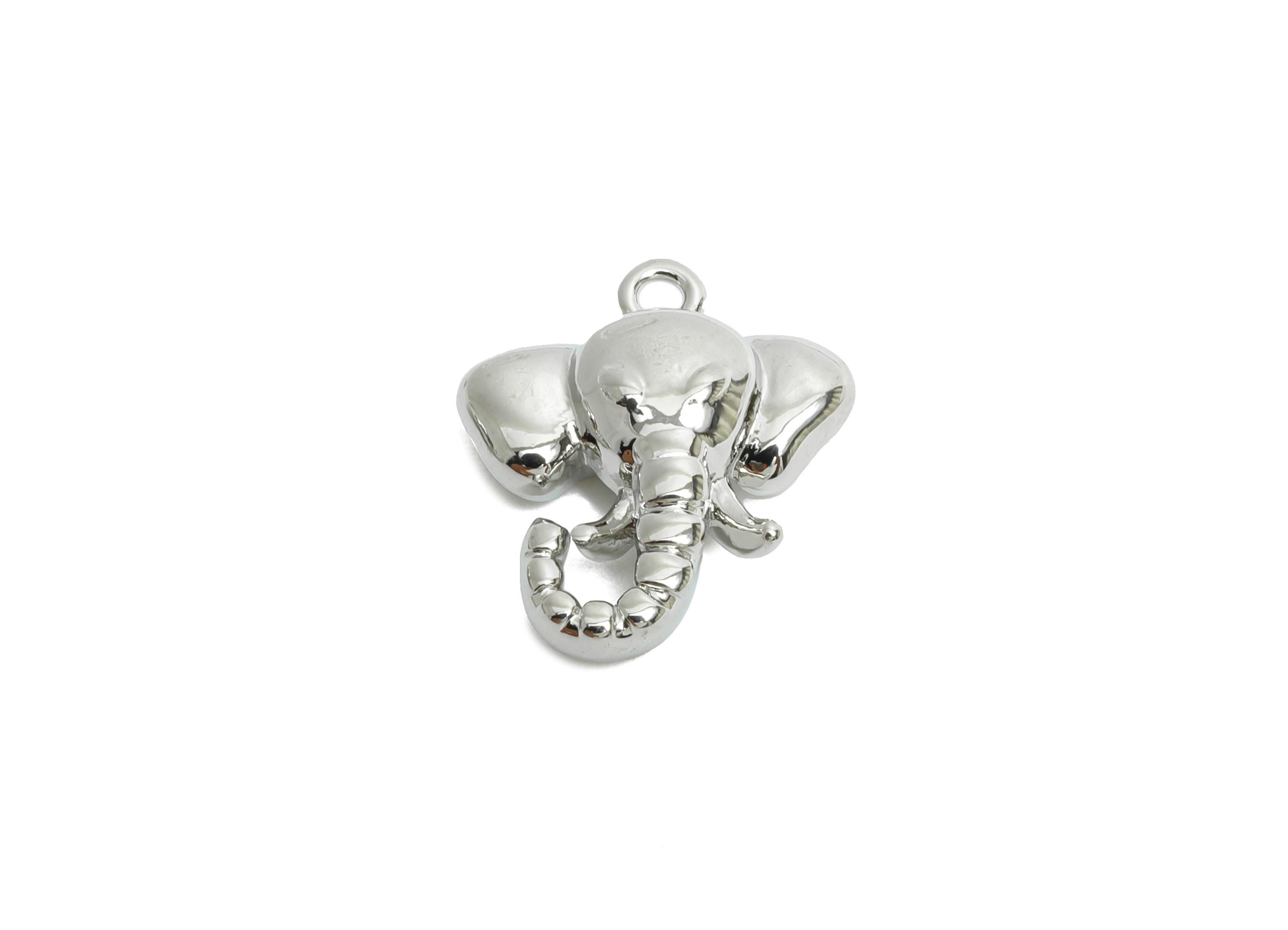 Brass Elephant Charm - Silver Elephant Animal Pendant for Necklace - Refined Jewelry - 18K Real White Gold Plated -14.6x12.6x4.8mm -RGP9915S - DOMEDBAZAAR