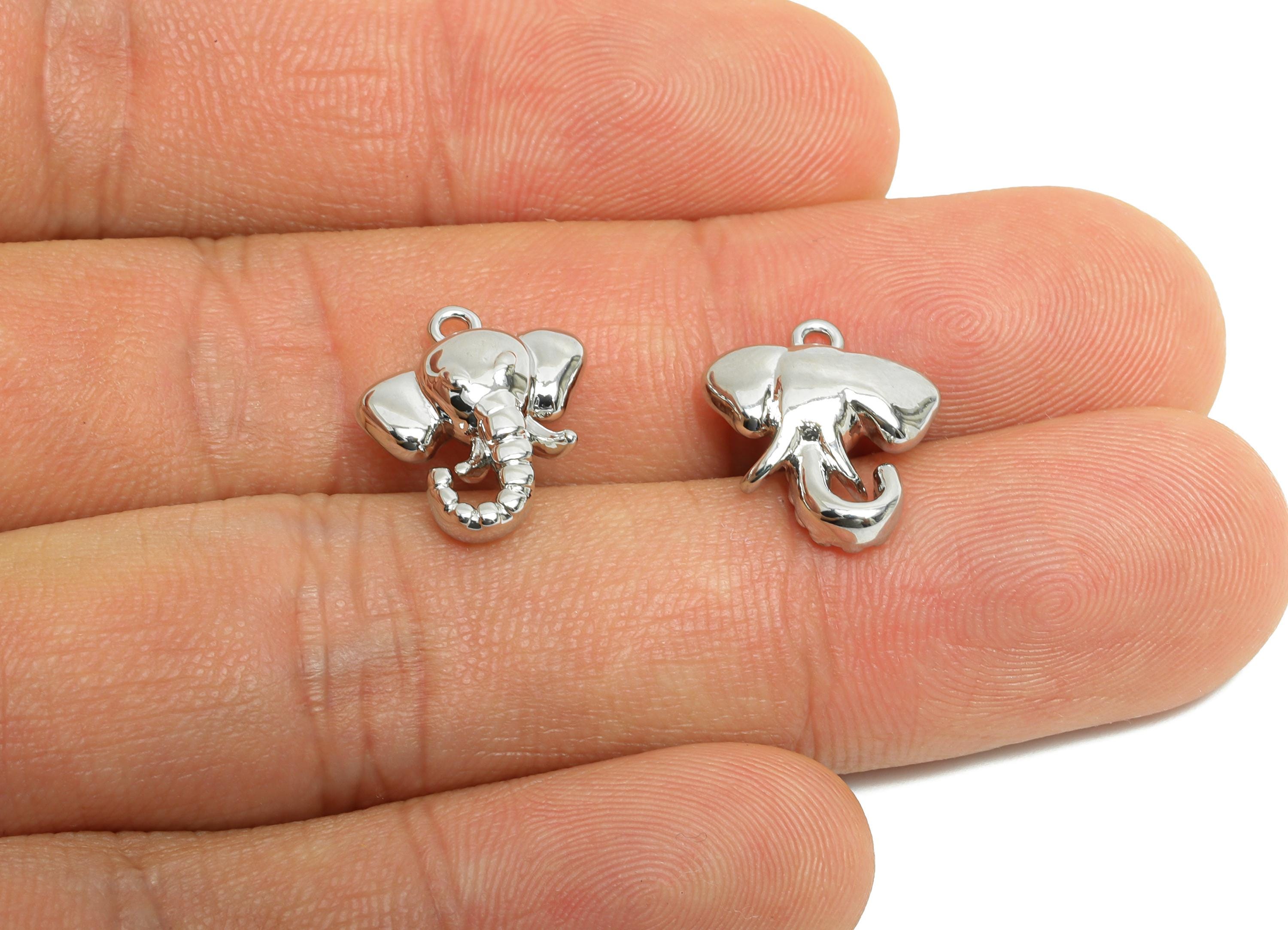 Brass Elephant Charm - Silver Elephant Animal Pendant for Necklace - Refined Jewelry - 18K Real White Gold Plated -14.6x12.6x4.8mm -RGP9915S - DOMEDBAZAAR