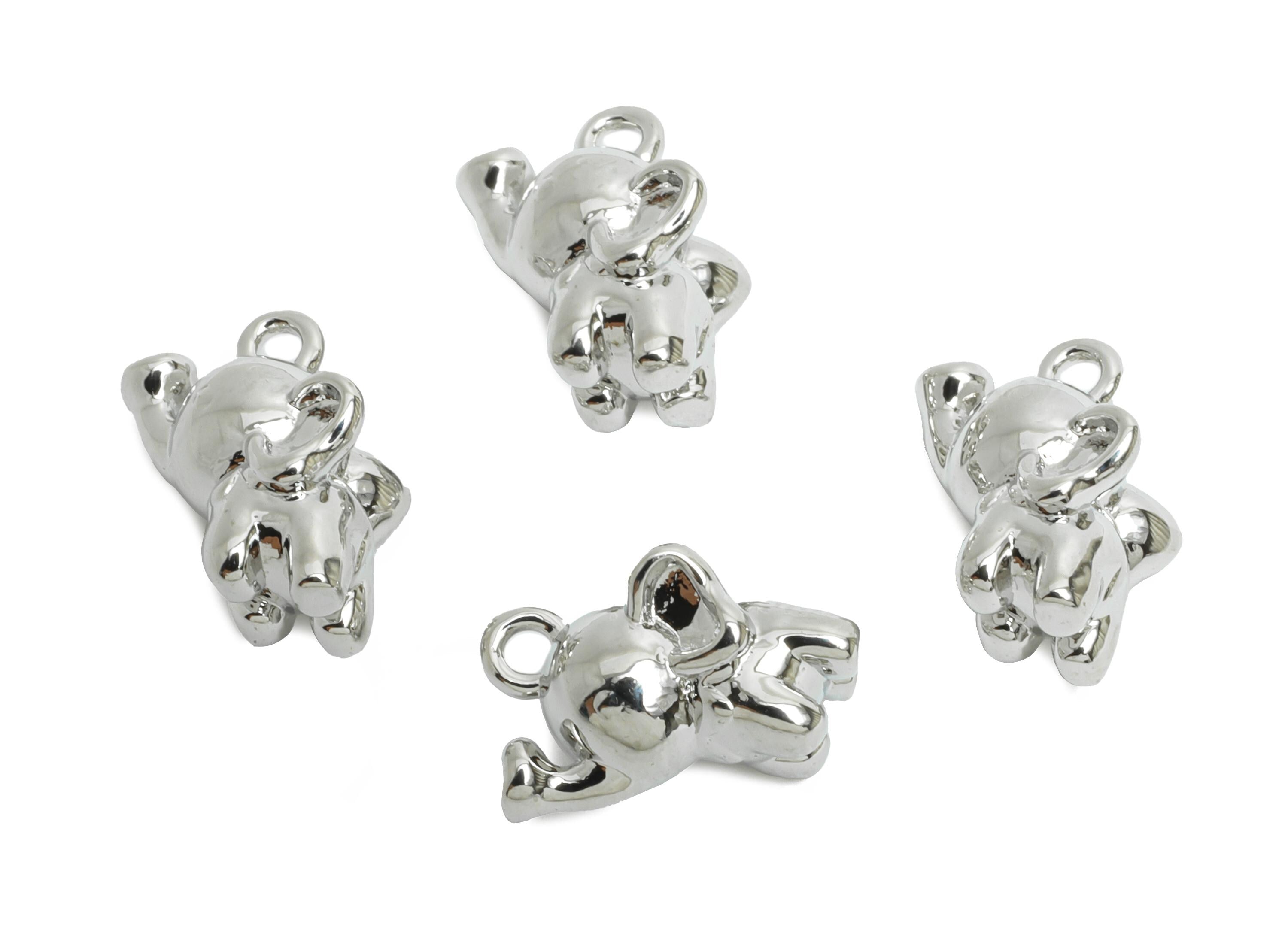 Brass Elephant Charm - Silver Elephant Animal Pendant for Necklace - Refined Jewelry DIY - 18K White Gold Plated - 10.7x6.45x6.3mm -RGP9919S - DOMEDBAZAAR