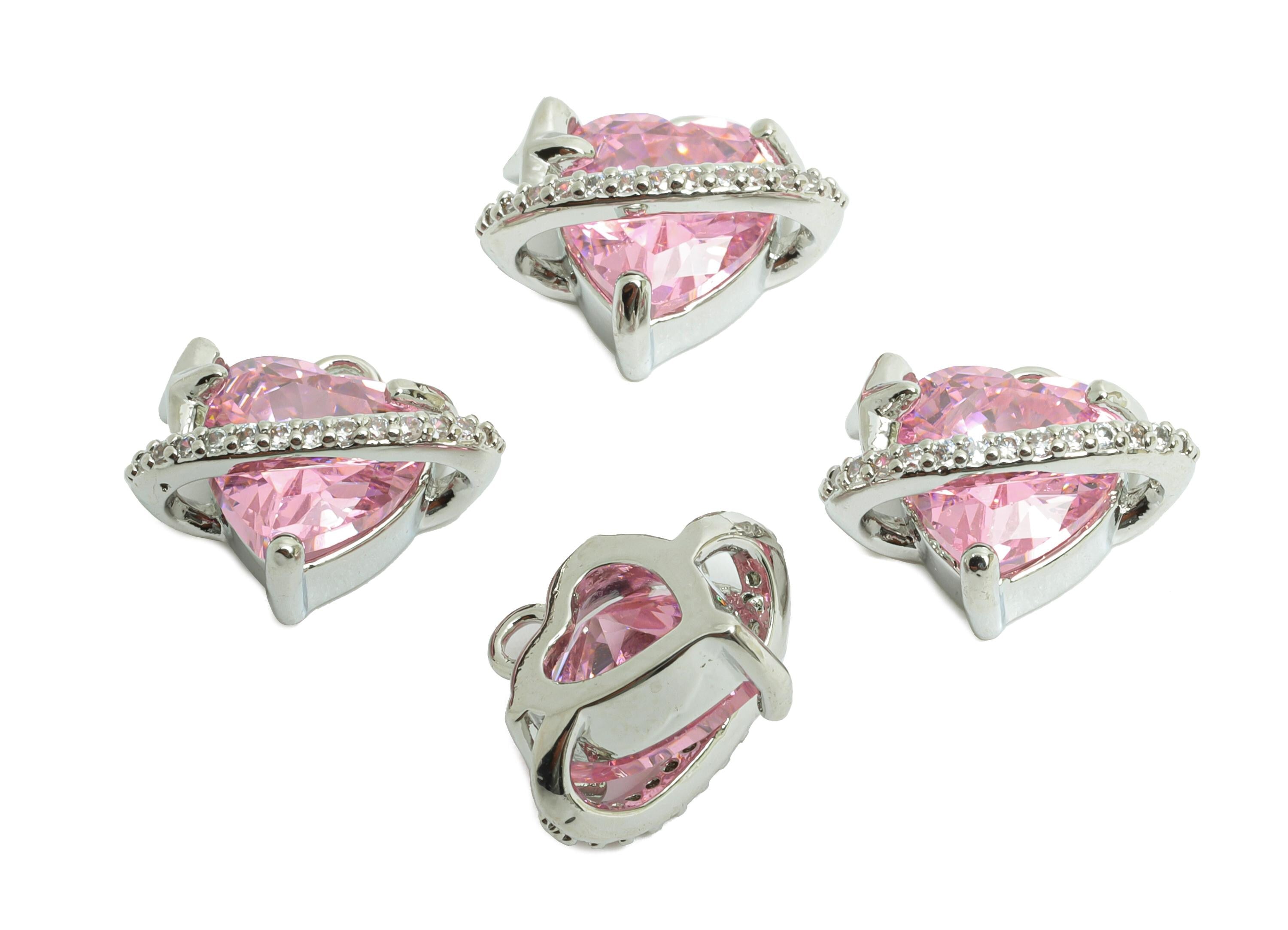 Brass Heart Earring Charm - Sparking Zircon Charm - Romantic Jewelry - Valentine's Day Jewelry - 18K White Gold Plated - 12x11x7mm -RGP9898S - DOMEDBAZAAR