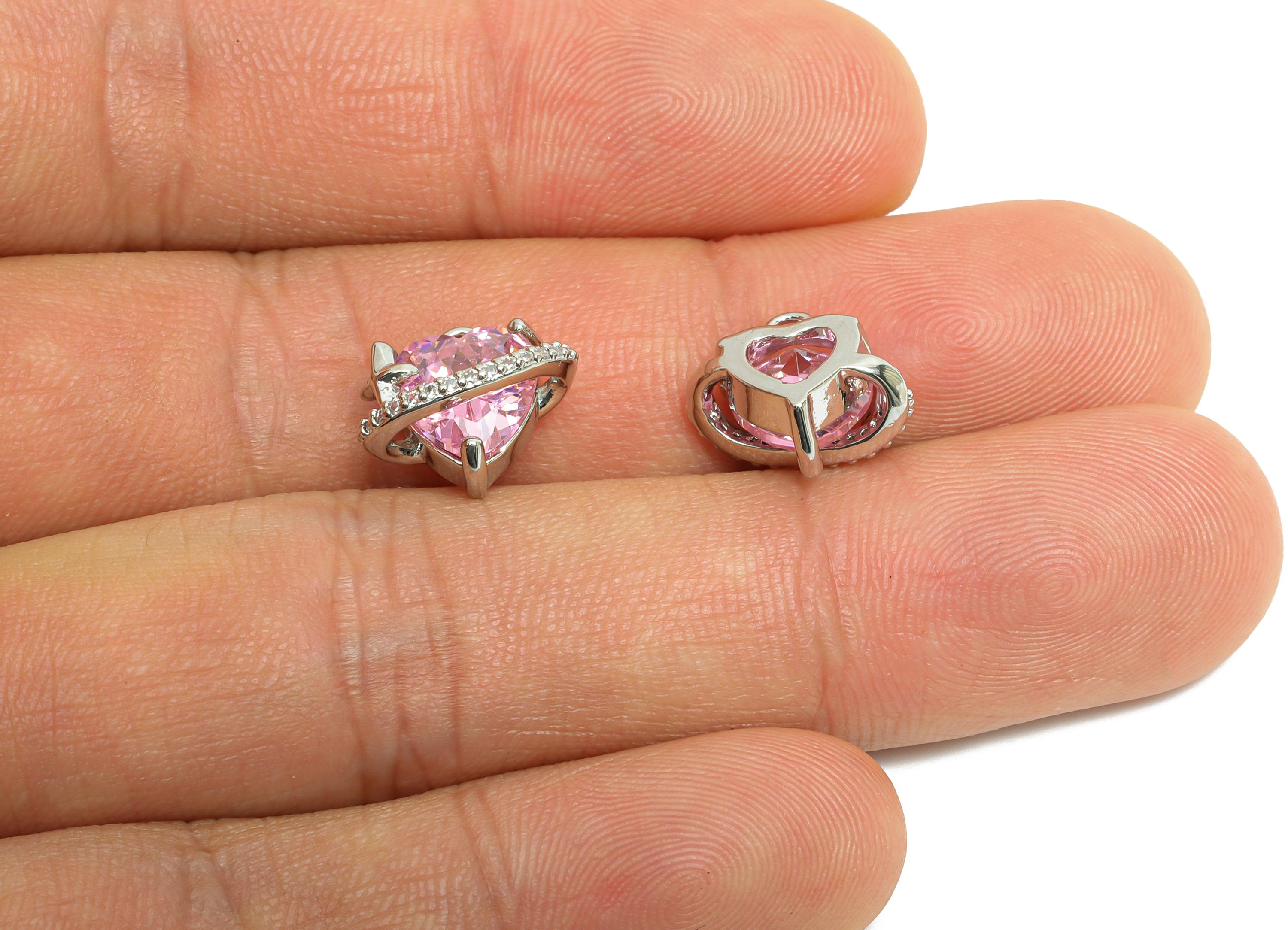 Brass Heart Earring Charm - Sparking Zircon Charm - Romantic Jewelry - Valentine's Day Jewelry - 18K White Gold Plated - 12x11x7mm -RGP9898S - DOMEDBAZAAR