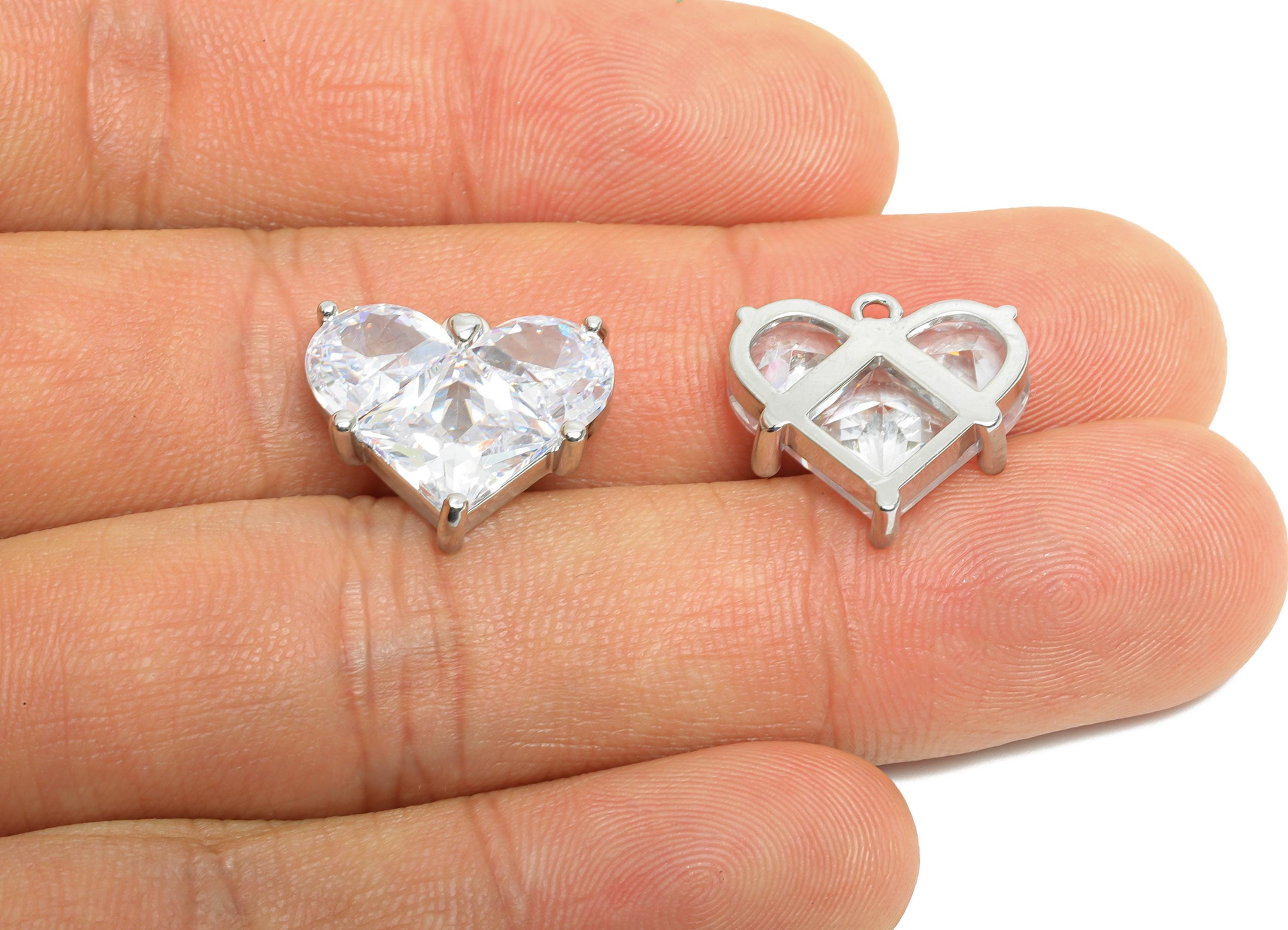 Sparkling Brass Heart Pendant - Dainty Zircon Love Heart Charm - Valentine's Day Jewelry - 18K Real White Gold Plated -16.8x16x5mm- RGP9896S - DOMEDBAZAAR