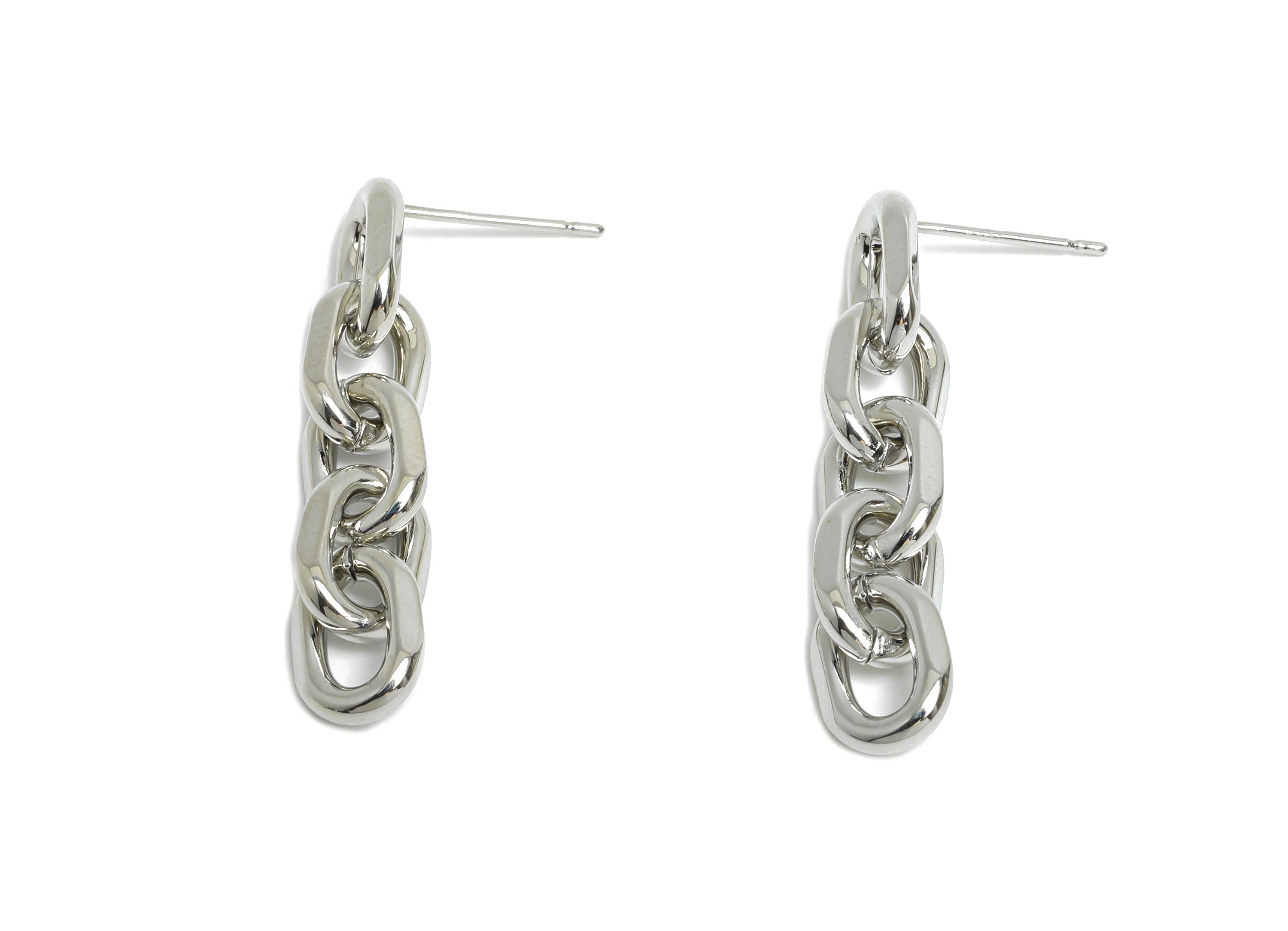 Brass Dangle Chain Earring Stud - White Chic Linked Earring Post - Hanging Oval Earring Post-18K Real White Gold Plated-34x7.41x2mm-RGP9529S - DOMEDBAZAAR