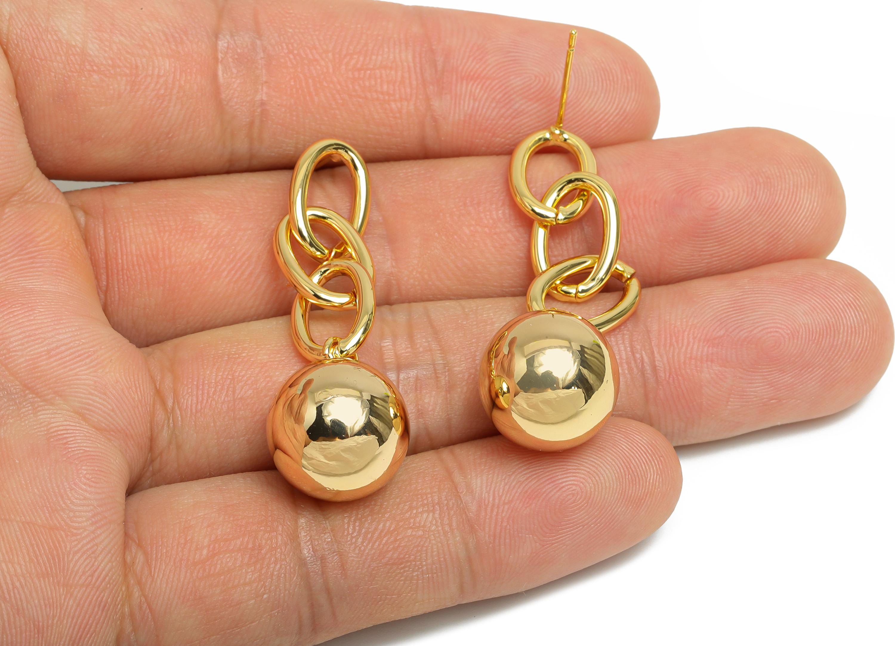 Brass Dangle Chain Earring - Gold Chain Earring Post for Woman's - Bead Ball Chain Earring - 18K Real Gold Plated - 46x13.8x13.8mm - RGP9449 - DOMEDBAZAAR