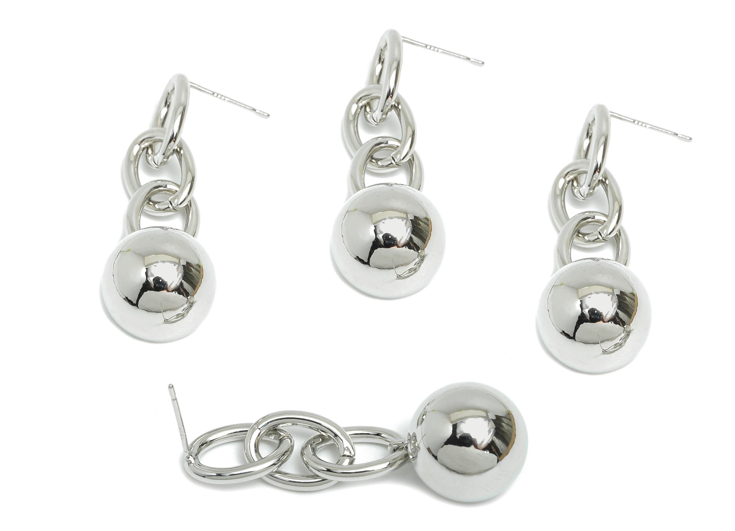 Brass Dangle Chain Earring - White Chain Earring Post for Woman's - Bead Ball Chain Earring -18K White Gold Plated -46x13.8x13.8mm -RGP9449S - DOMEDBAZAAR