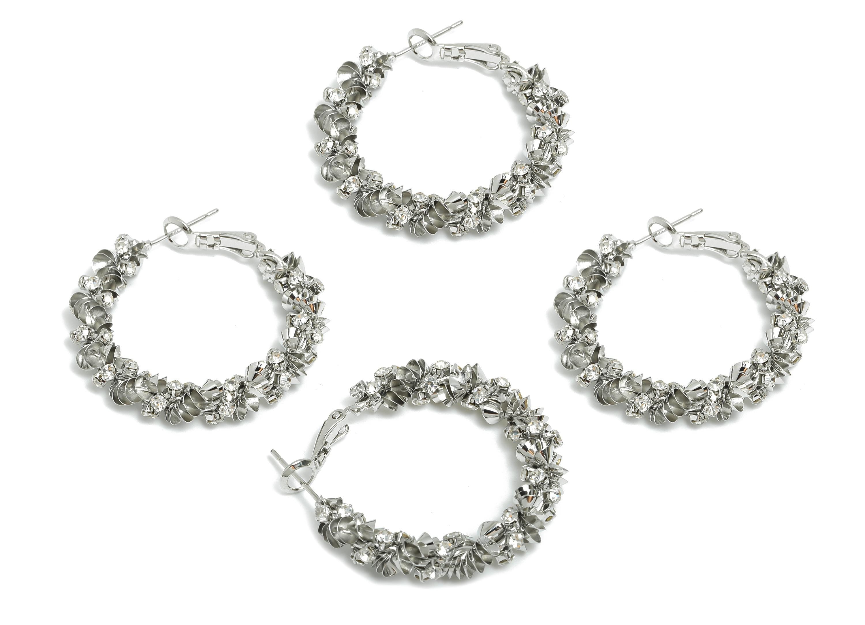 Brass Twisted Hoop Earring - White Round Luxurious Zircon Earring - Geometric Clasp Back Earring -18K White Gold-Plated -34x33x5mm -RGP9524S - DOMEDBAZAAR