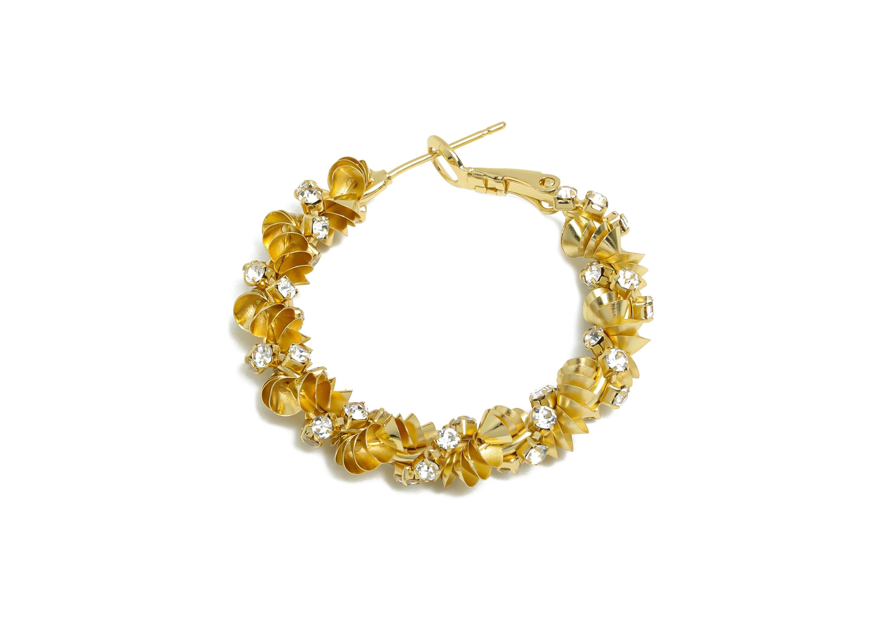 Brass Twisted Hoop Earring - Gold Round Luxurious Zircon Earring - Geometric Clasp Back Earring -14K Real Gold-Plated -34x33x5mm -RGP9524-14 - DOMEDBAZAAR