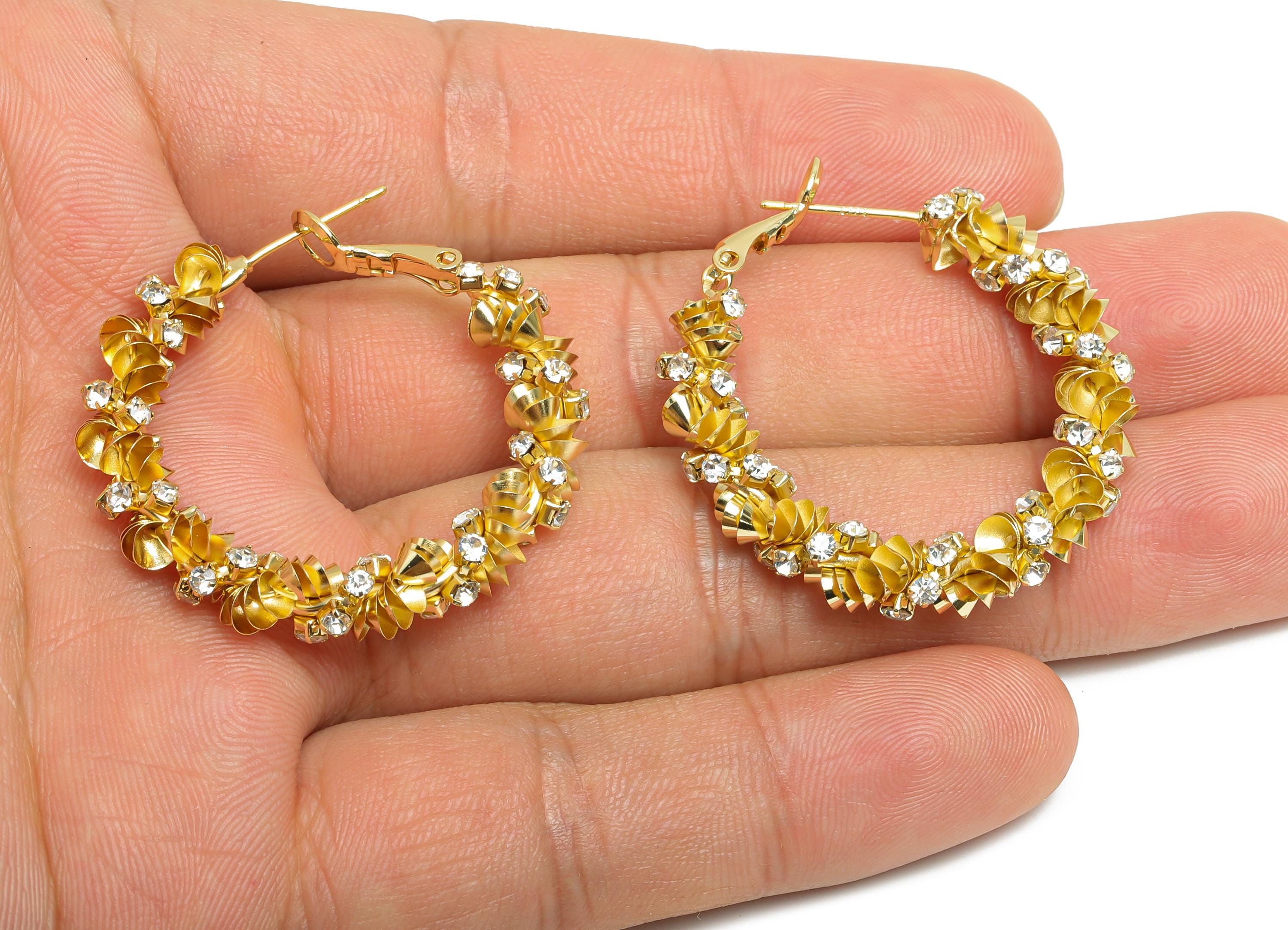 Brass Twisted Hoop Earring - Gold Round Luxurious Zircon Earring - Geometric Clasp Back Earring -14K Real Gold-Plated -34x33x5mm -RGP9524-14 - DOMEDBAZAAR