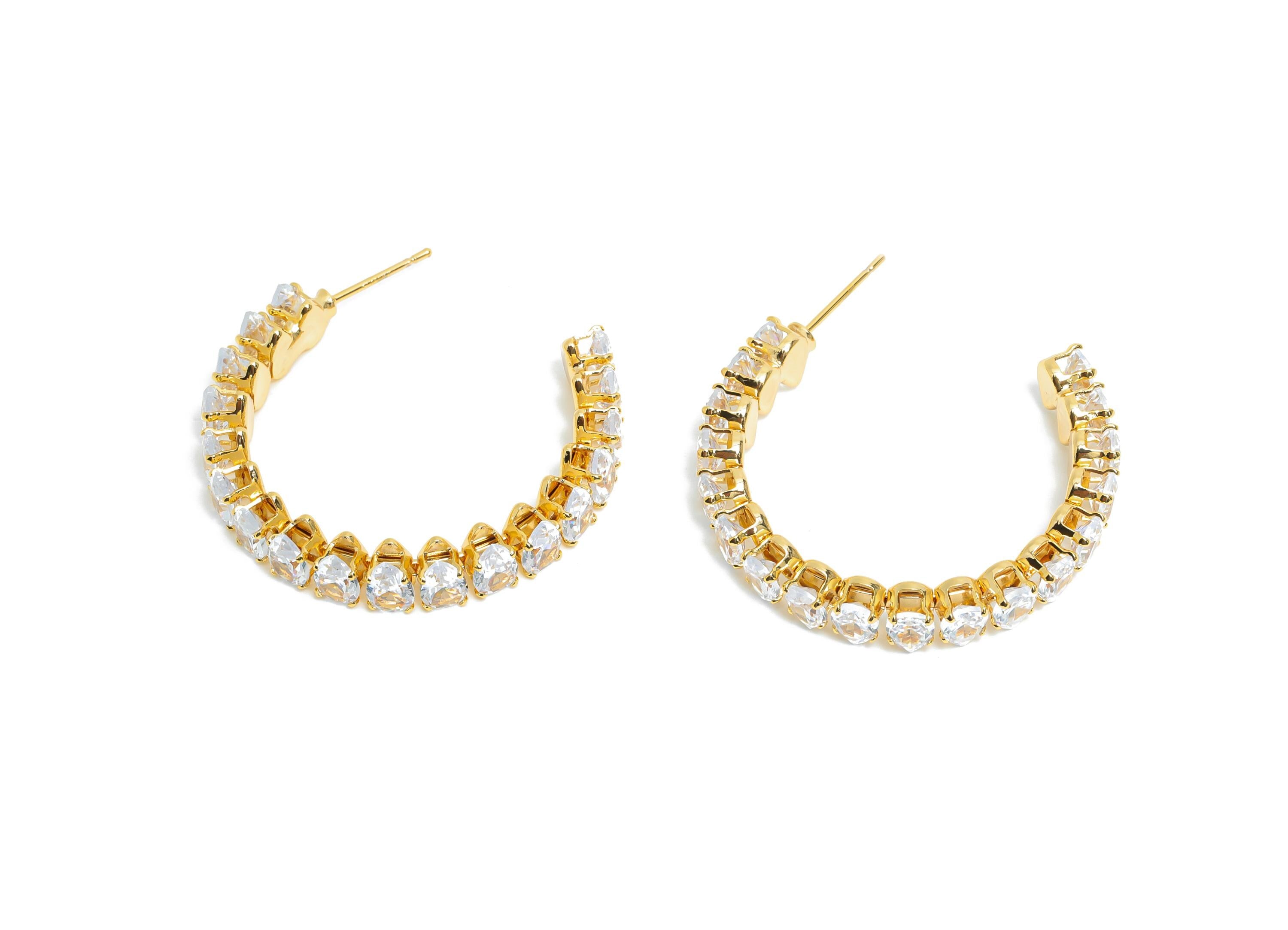 Sparkling C Hoop Post - Inlay Drop Glass Earring Stud - Refined Gold Brass Open C Post - 18K Real Gold Plated Brass - 35x30x6.1mm - RGP9952 - DOMEDBAZAAR