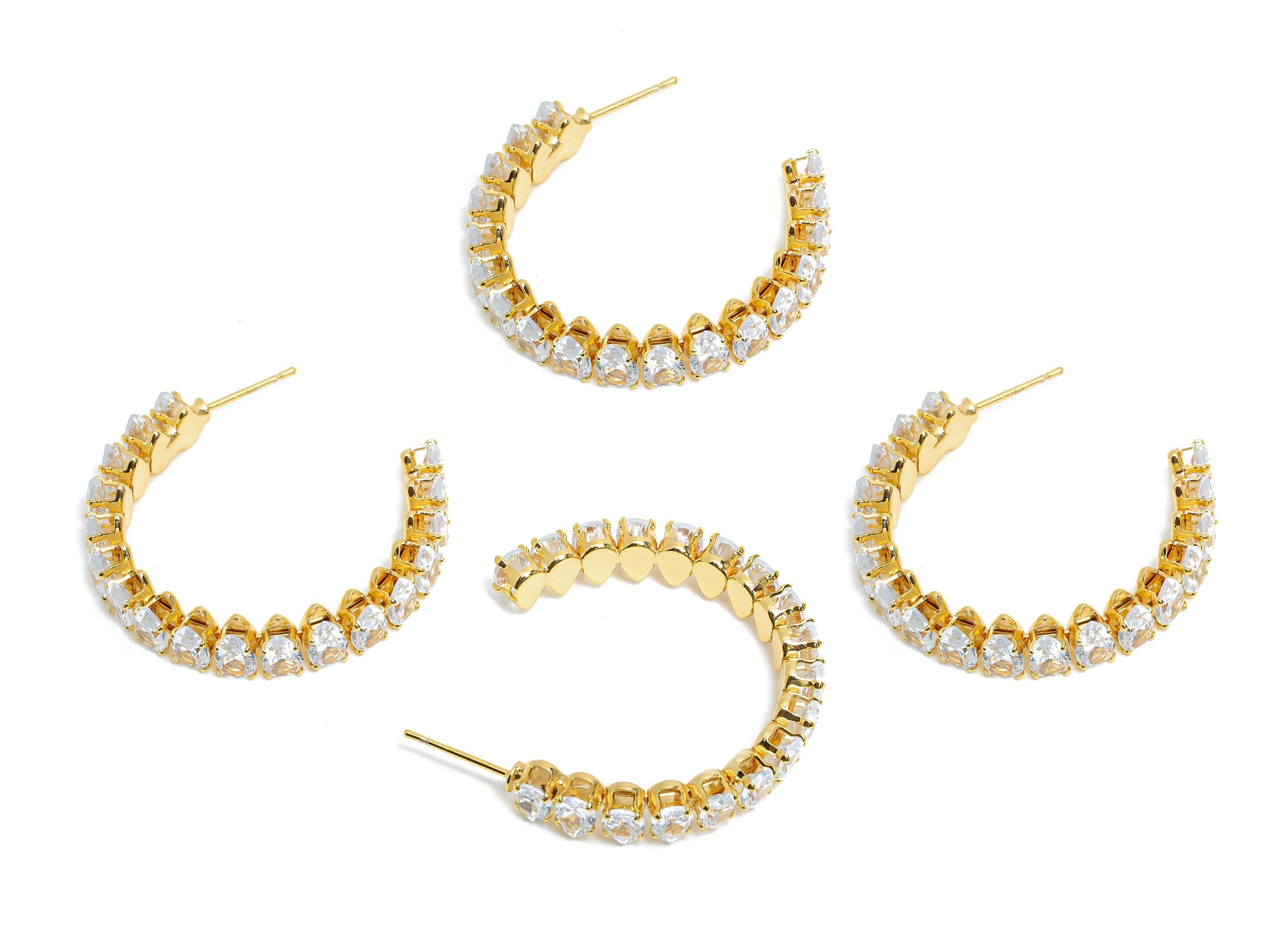 Sparkling C Hoop Post - Inlay Drop Glass Earring Stud - Refined Gold Brass Open C Post - 18K Real Gold Plated Brass - 35x30x6.1mm - RGP9952 - DOMEDBAZAAR