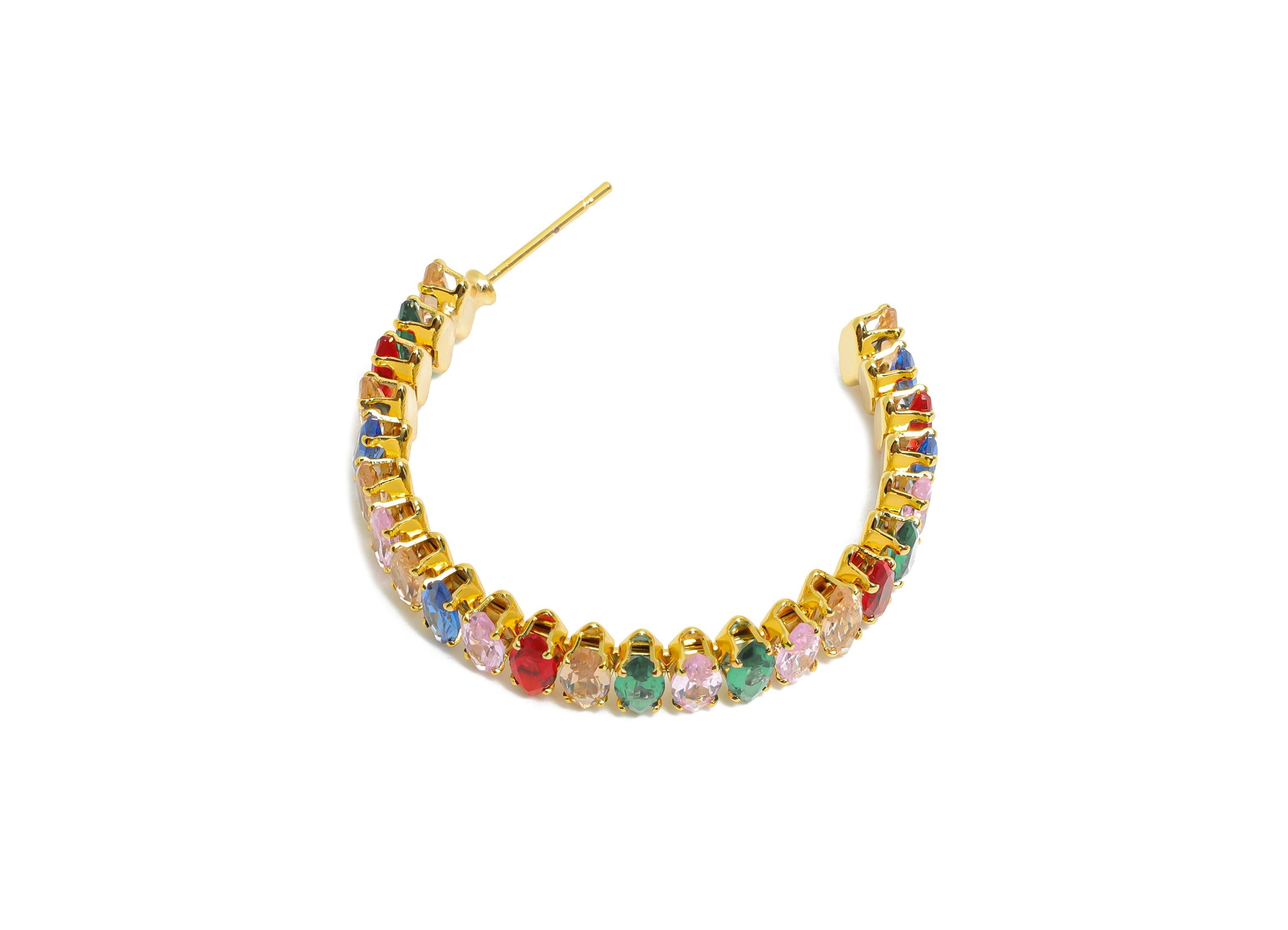 Sparkling C Hoop Post - Inlay Rainbow Marquise Glass Earring Stud - Gold Brass Open C Post - 18K Real Gold Plated - 33.6x28x6mm - RGP9944 - DOMEDBAZAAR