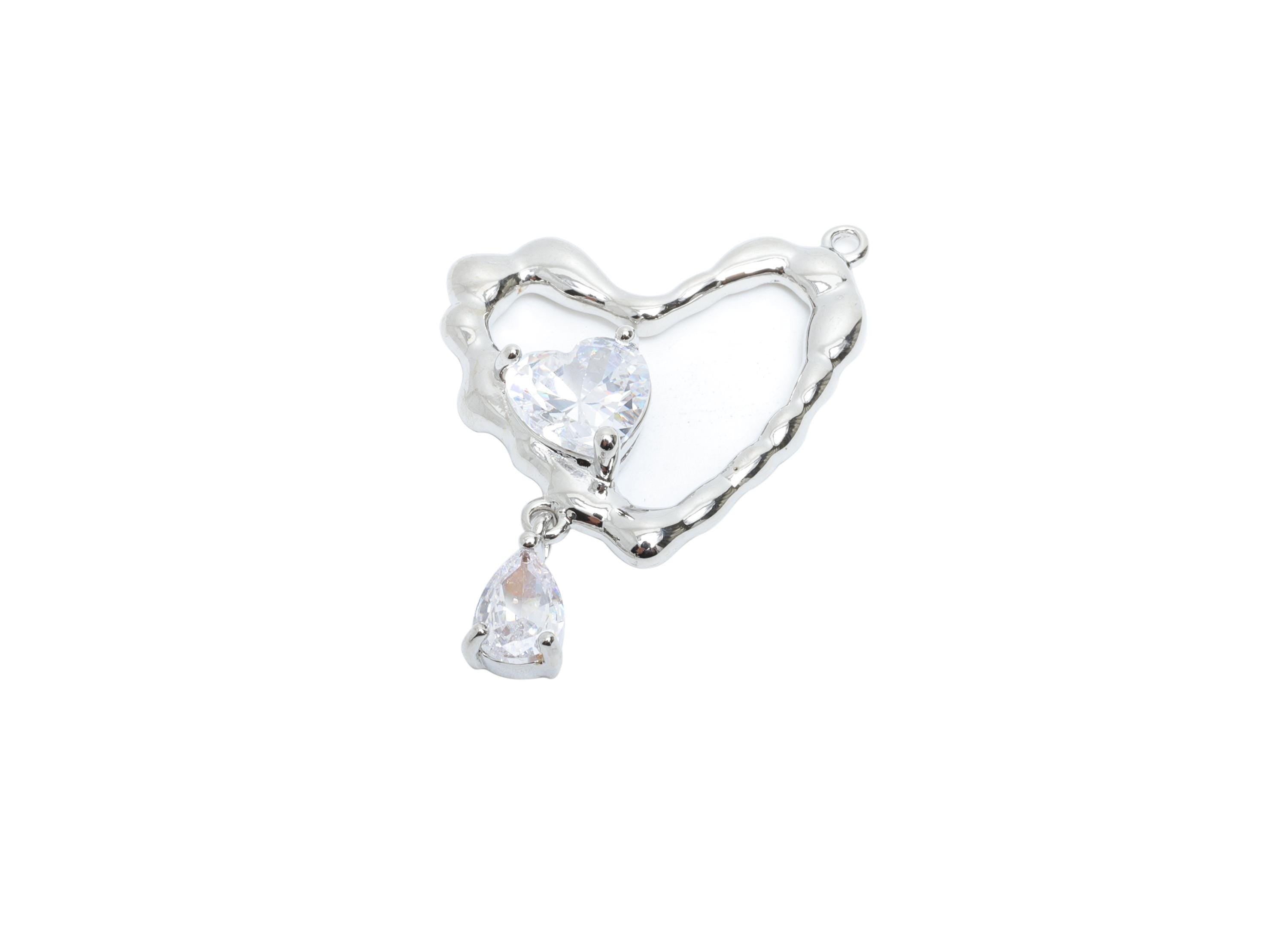 Brass Dangle Heart Pendant - Sparkling Zircon Double Heart Charm - Textured Heart Jewelry - 18K White Gold Plated -23.6x22x5.55mm - RGP9906S - DOMEDBAZAAR