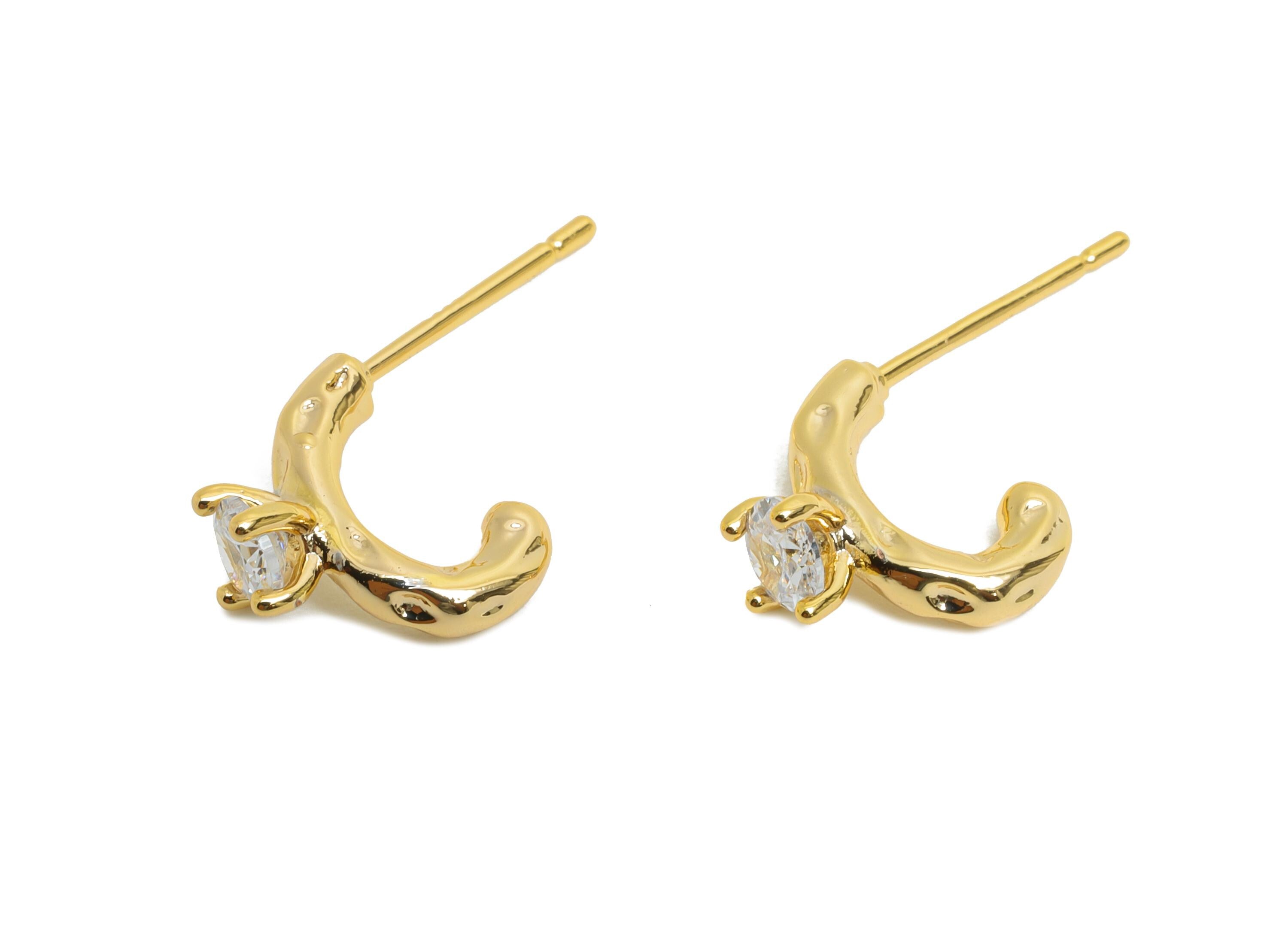 Brass C Hoop Stud Earrings - Textured Arc CZ Earring Post - Gold Curved C Hoop Post for Women - 18K Real Gold Plated - 11x10x5mm - RGP9916 - DOMEDBAZAAR