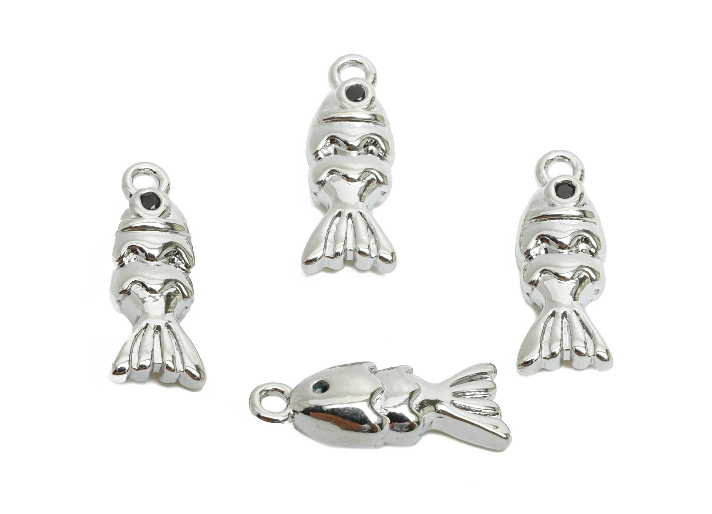 Brass Fish Earring Charm - Mini Goldfish Charm for Bracelet - Refined Marine Jewelry DIY - 18K White Gold Plated - 13.6x5.13x3.54mm-RGP9938S - DOMEDBAZAAR