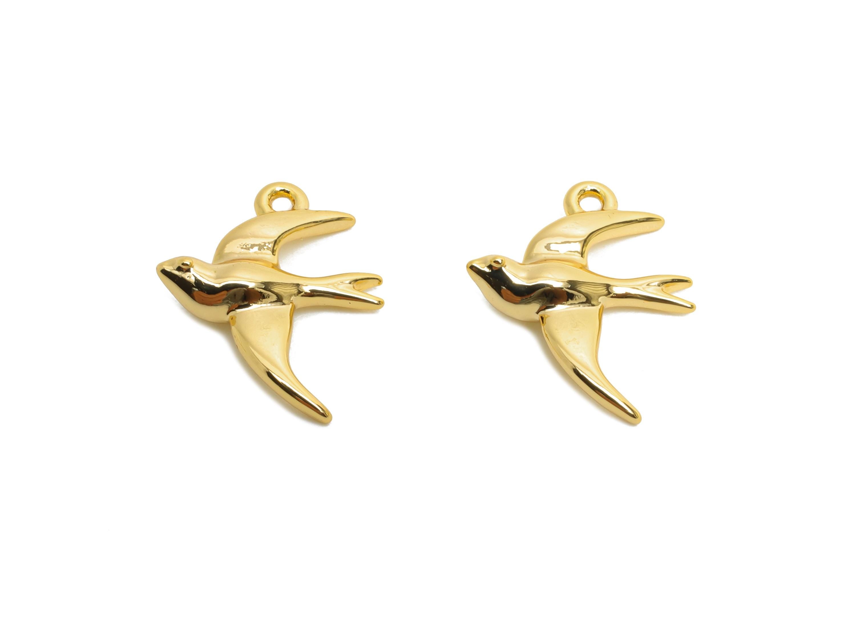 Brass Swallow Earring Charms - Mini Dainty Bird Charm for Bracelet - Minimalism Jewelry DIY - 18K Real Gold Plated - 14.6x12x3.4mm - RGP9918 - DOMEDBAZAAR