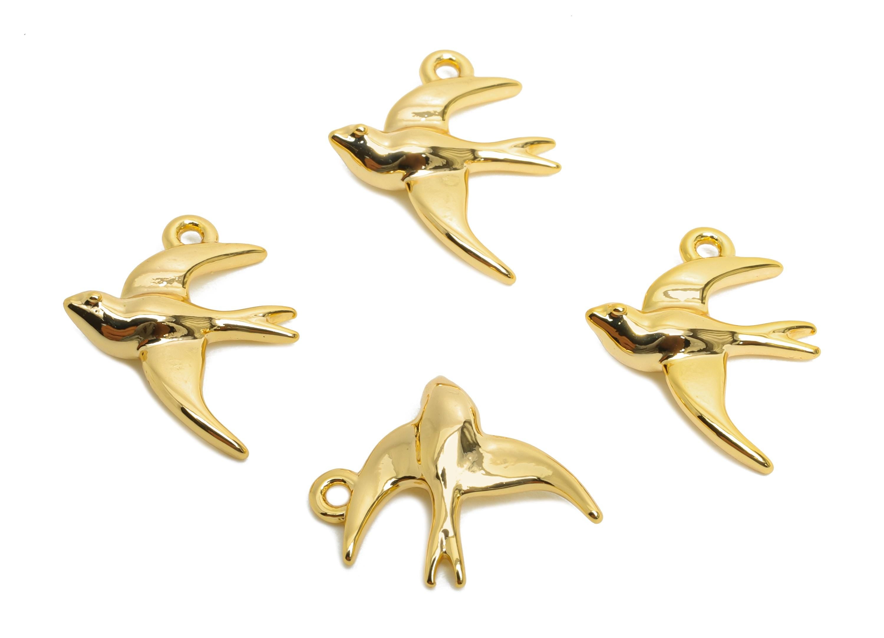 Brass Swallow Earring Charms - Mini Dainty Bird Charm for Bracelet - Minimalism Jewelry DIY - 18K Real Gold Plated - 14.6x12x3.4mm - RGP9918 - DOMEDBAZAAR