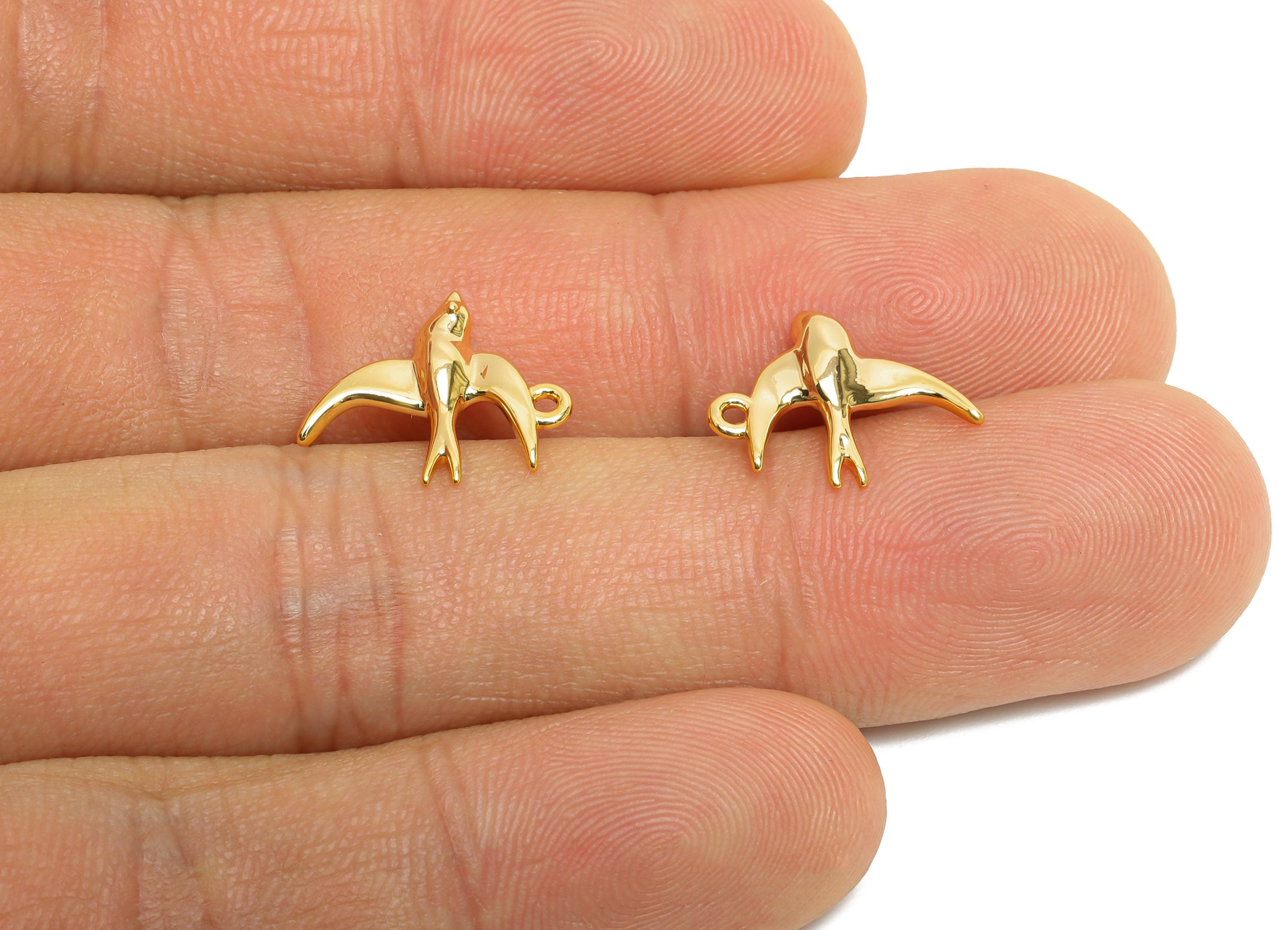 Brass Swallow Earring Charms - Mini Dainty Bird Charm for Bracelet - Minimalism Jewelry DIY - 18K Real Gold Plated - 14.6x12x3.4mm - RGP9918 - DOMEDBAZAAR
