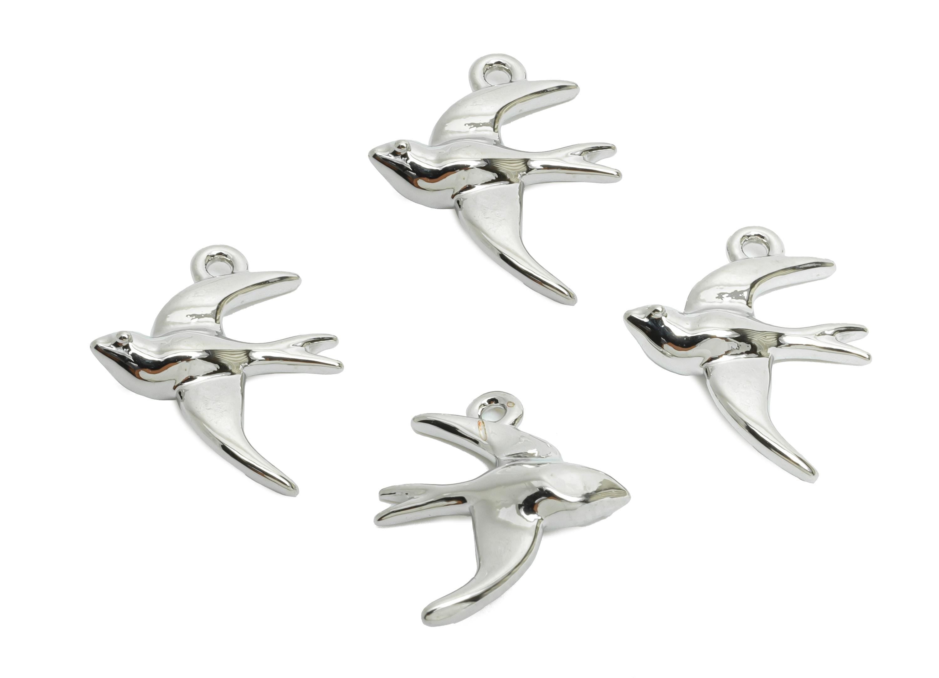 Brass Swallow Earring Charms - Mini Dainty Bird Charm for Bracelet - Minimalism Jewelry - 18K White Gold Plated - 14.6x12x3.4mm - RGP9918S - DOMEDBAZAAR