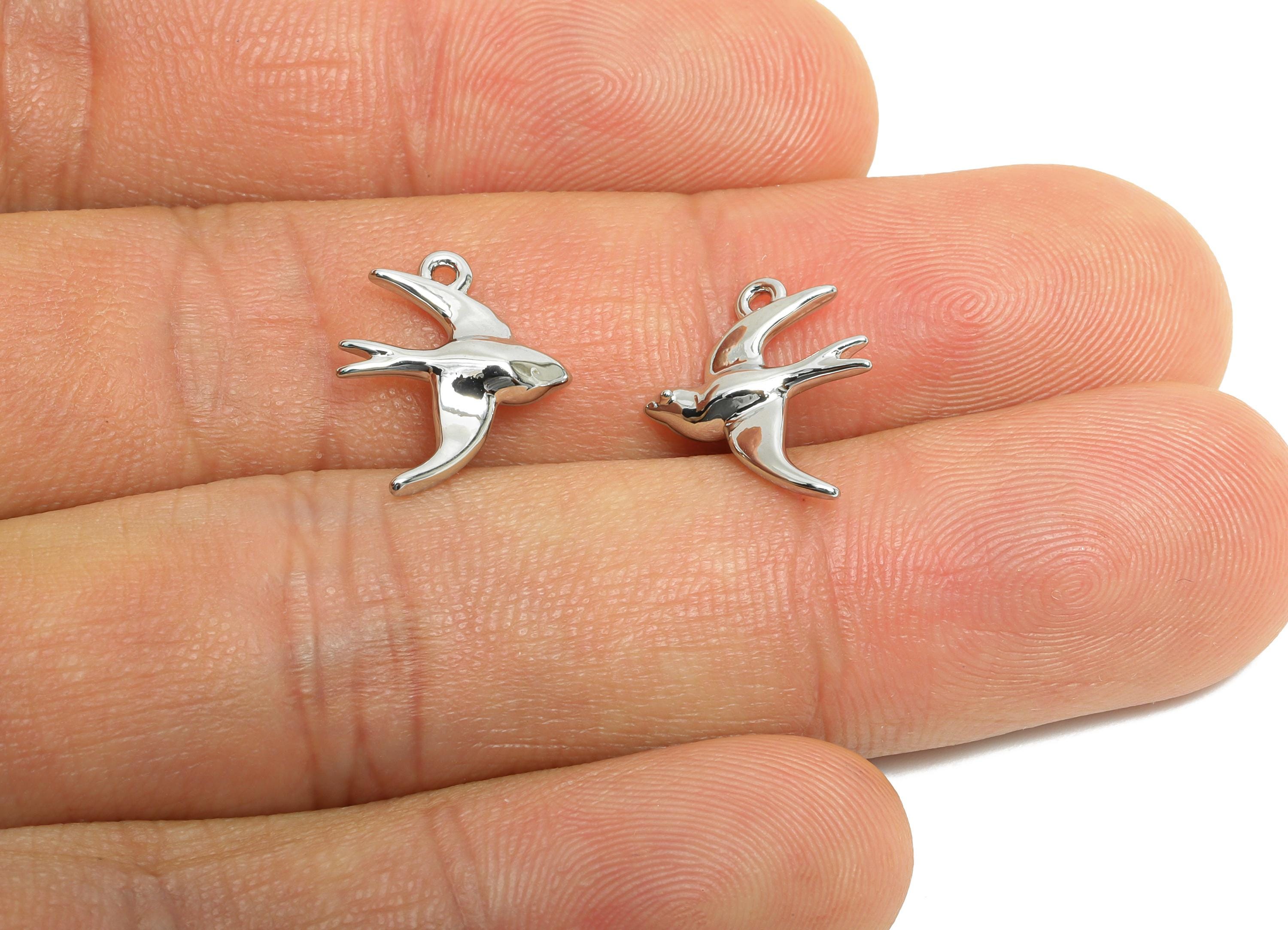 Brass Swallow Earring Charms - Mini Dainty Bird Charm for Bracelet - Minimalism Jewelry - 18K White Gold Plated - 14.6x12x3.4mm - RGP9918S - DOMEDBAZAAR