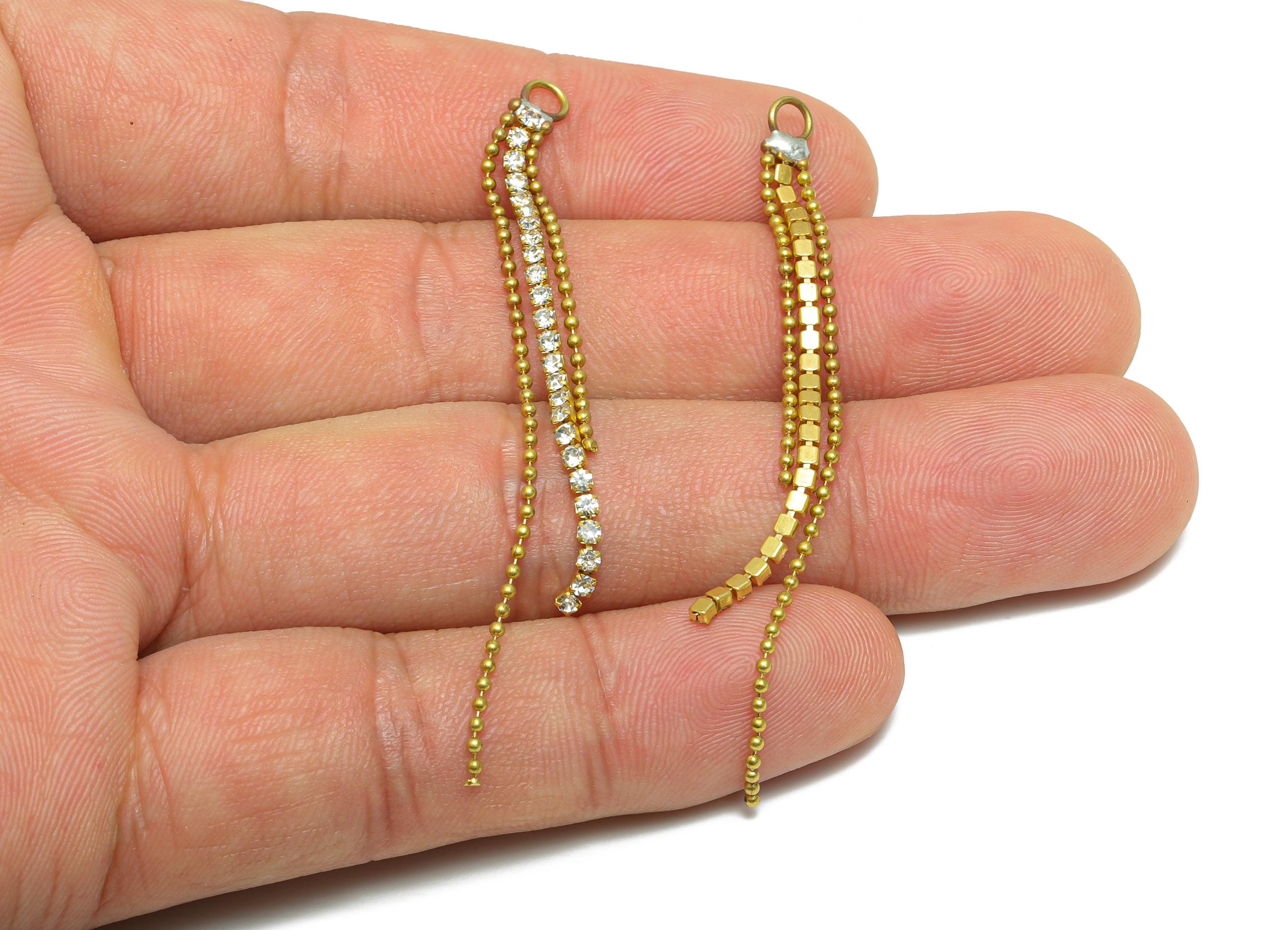 Brass Chain Tassel Charm - Raw Brass Rhinestone Dangle Charm - Sparkling Pendant Charm - Tassel Pendant with Crystal - 66x4x1mm - PP11001 - DOMEDBAZAAR