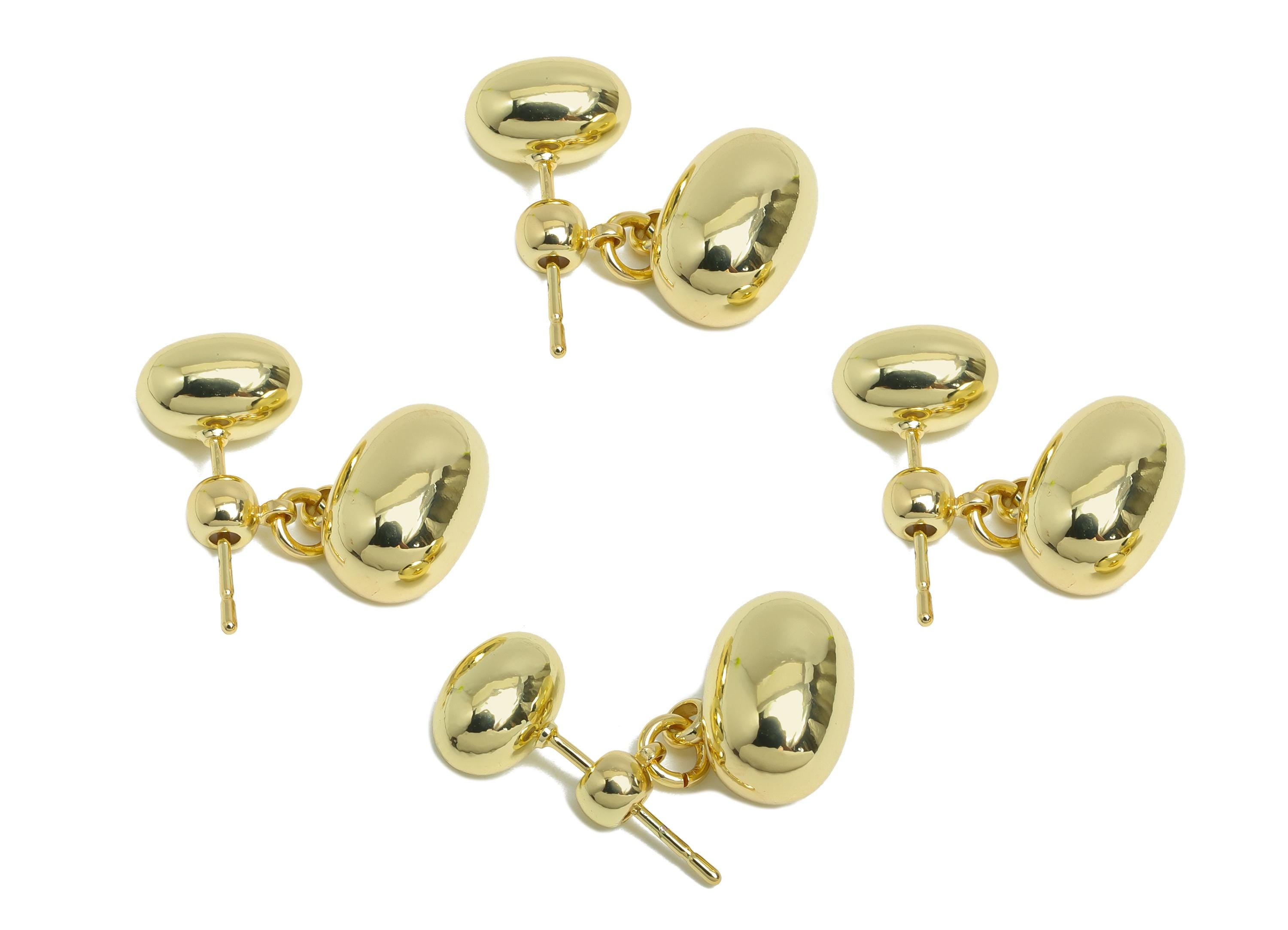 Brass Bead Earring Stud - Gold Oval Bead Earring Post for Girl's - Dangle Bead Ear Jacket - 14K Real Gold Plated - 22x11.5x7.8mm -RGP9517-14 - DOMEDBAZAAR