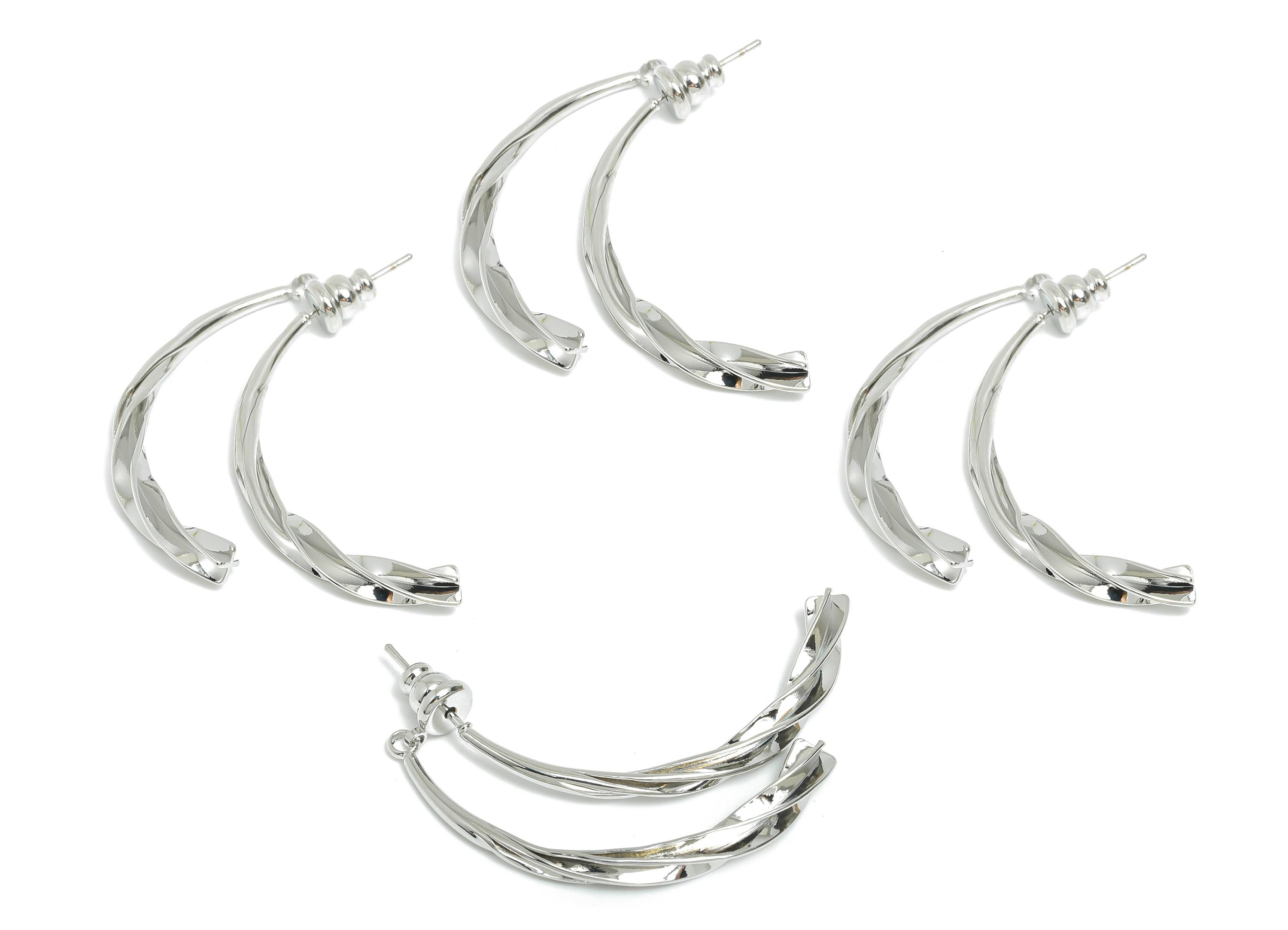 Brass Twisted Earring Stud - Silver Curved Bar Earring Post - Statement Hoop Ear Jacket - 18K Real White Gold Plated -37x17x3.4mm -RGP9446S - DOMEDBAZAAR