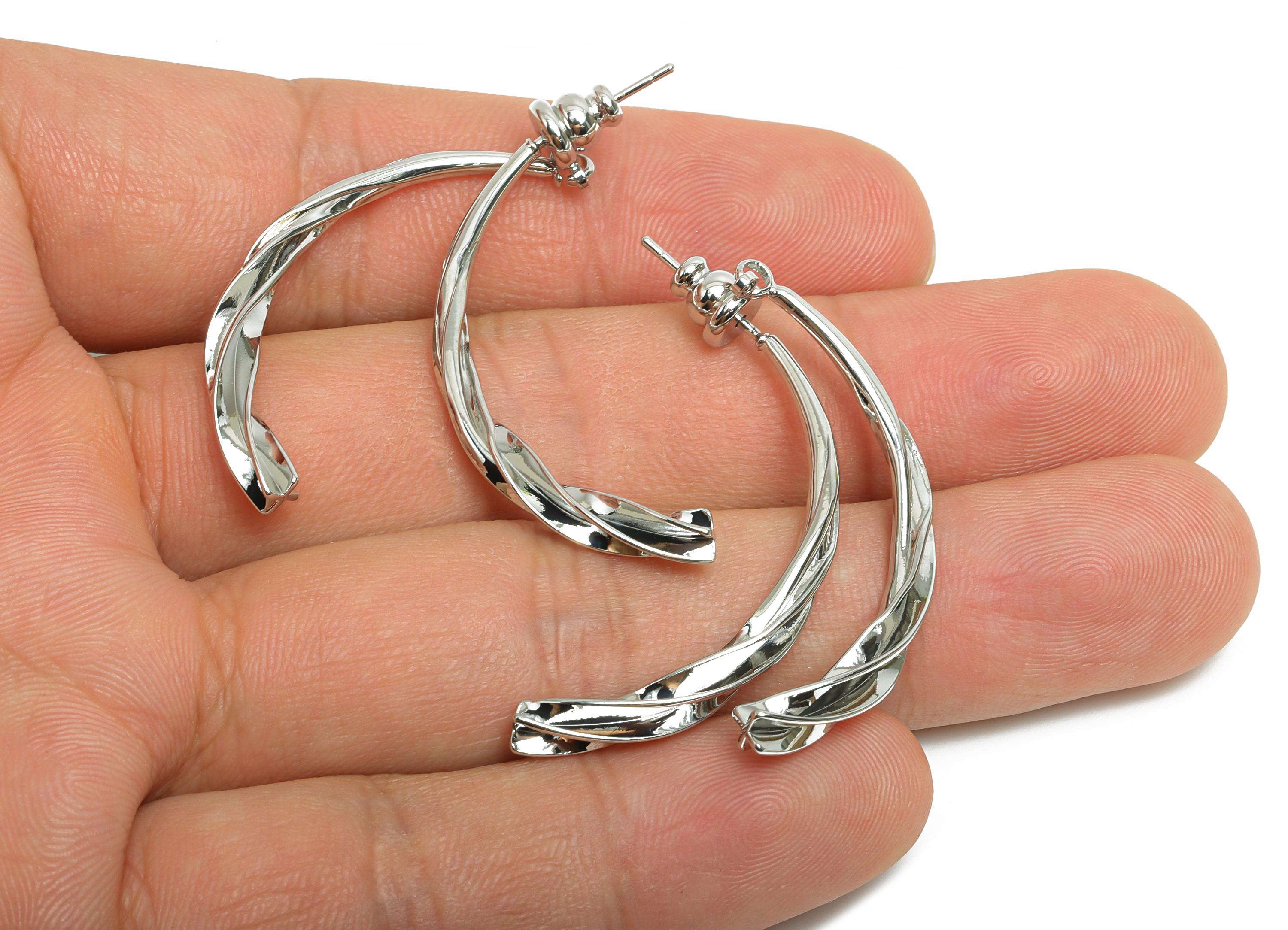 Brass Twisted Earring Stud - Silver Curved Bar Earring Post - Statement Hoop Ear Jacket - 18K Real White Gold Plated -37x17x3.4mm -RGP9446S - DOMEDBAZAAR