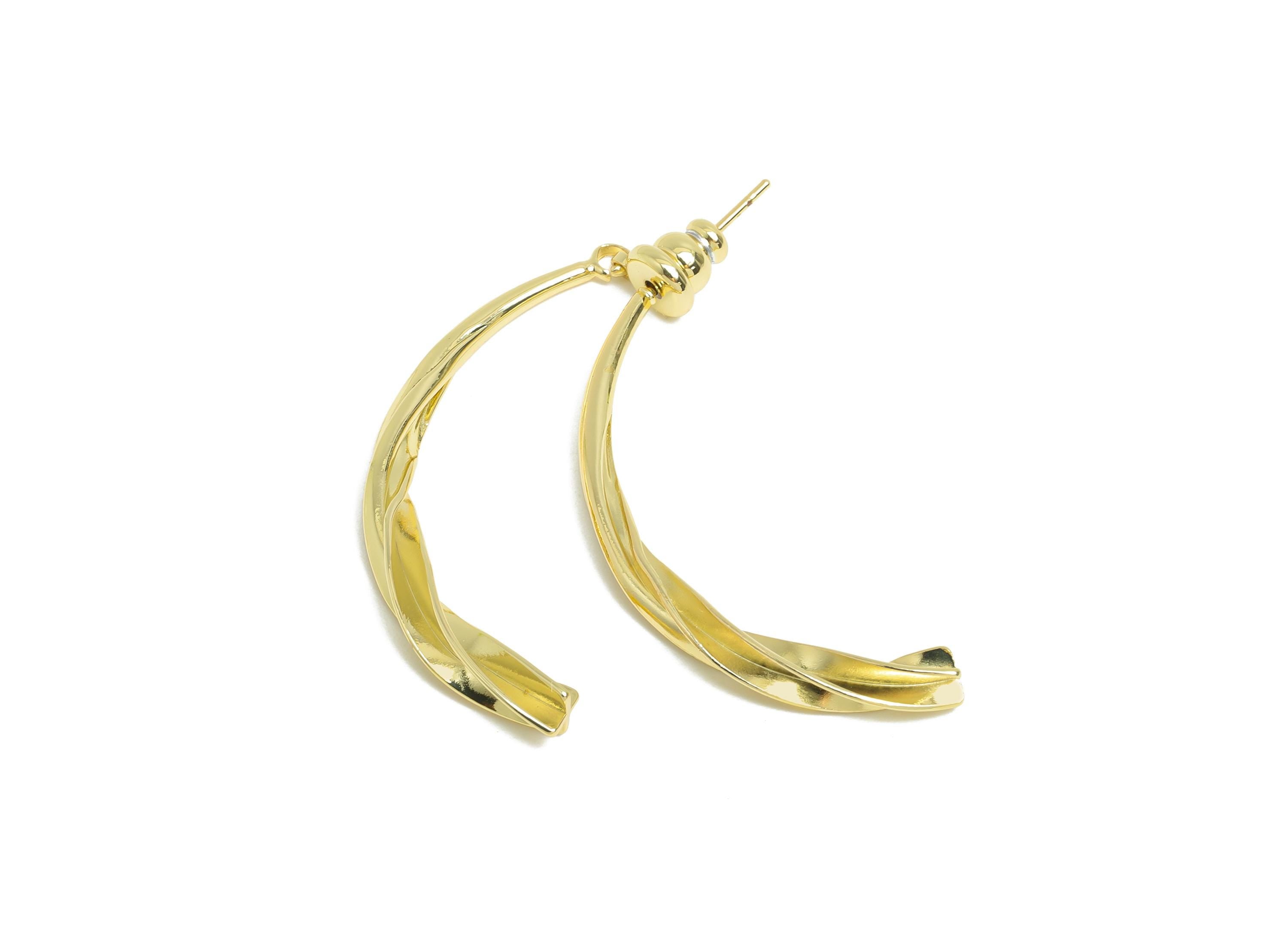 Brass Twisted Earring Stud - Gold Curved Bar Earring Post for Girl's - Statement Hoop Ear Jacket - 14K Gold Plated -37x17x3.4mm-RGP9446-14 - DOMEDBAZAAR