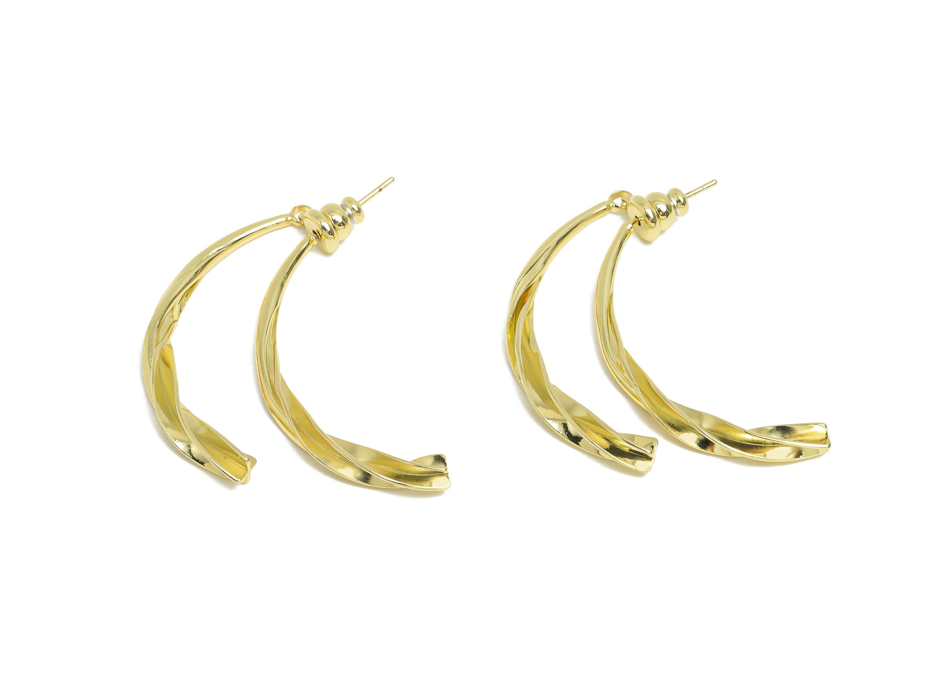 Brass Twisted Earring Stud - Gold Curved Bar Earring Post for Girl's - Statement Hoop Ear Jacket - 14K Gold Plated -37x17x3.4mm-RGP9446-14 - DOMEDBAZAAR