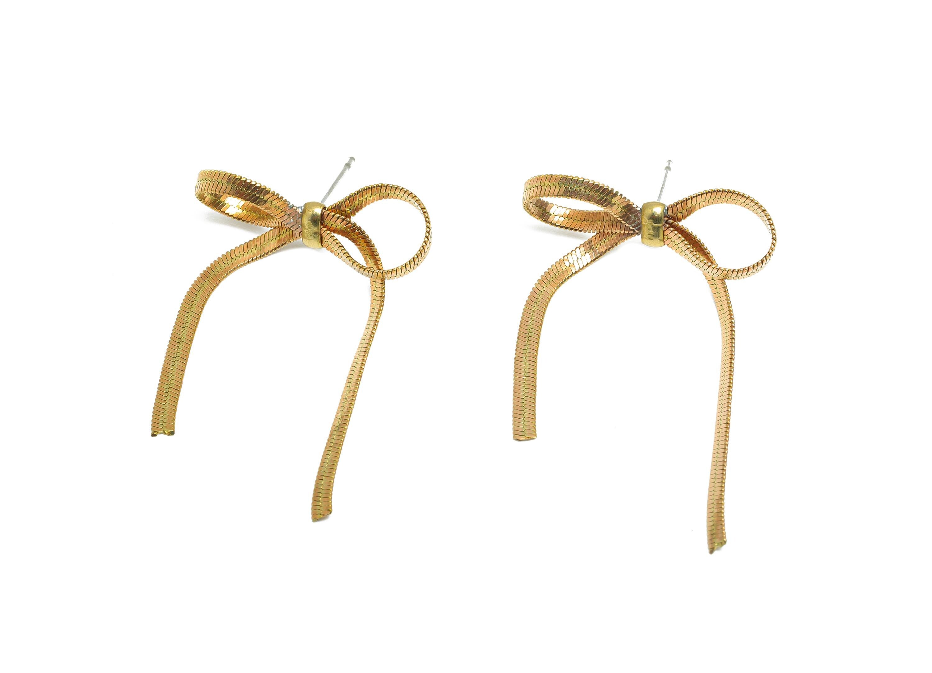 Chain Bow Earring Stud - Raw Brass Ribbon-Inspired Chain Post - Minimalist Chain Earrings - Chic Minimalist Earring - 38x25.5x3mm  - PP11025 - DOMEDBAZAAR