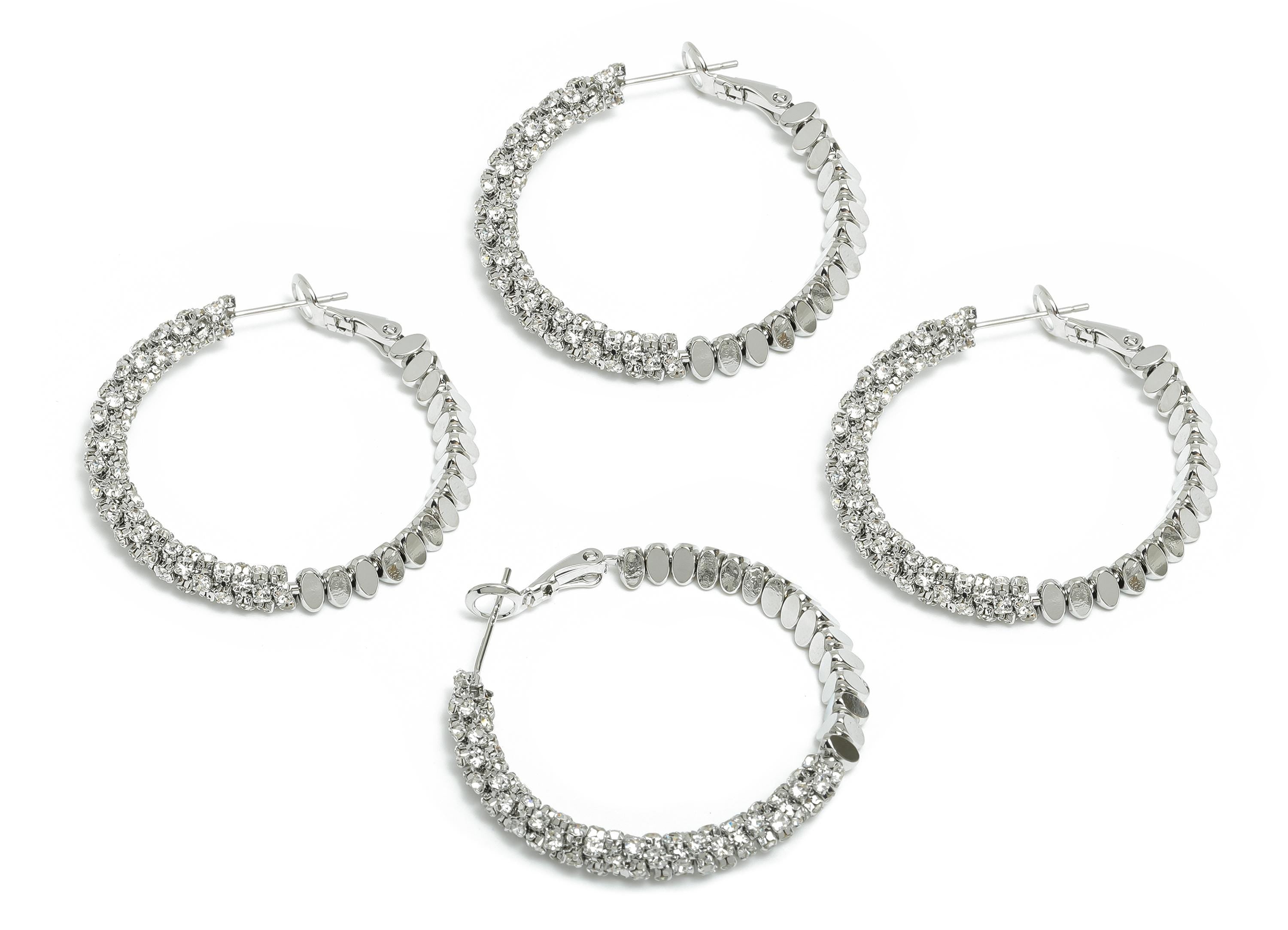 Brass Beaded Hoop Earring - White Stacked Triangle Zircon Earring - Geometric Clasp Back Earring -18K White Gold-Plated-36x34x4.5mm-RGP9509S - DOMEDBAZAAR