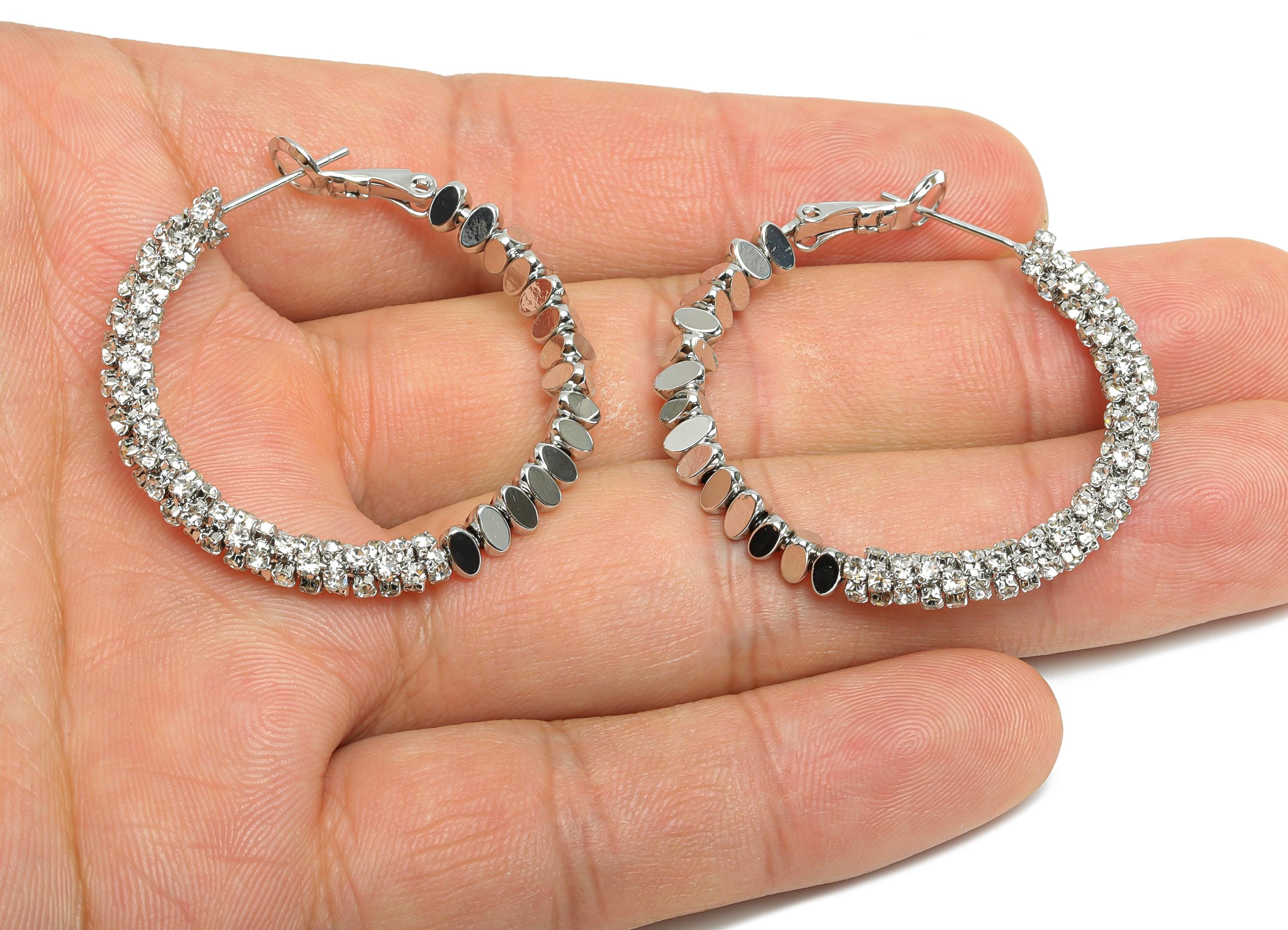 Brass Beaded Hoop Earring - White Stacked Triangle Zircon Earring - Geometric Clasp Back Earring -18K White Gold-Plated-36x34x4.5mm-RGP9509S - DOMEDBAZAAR