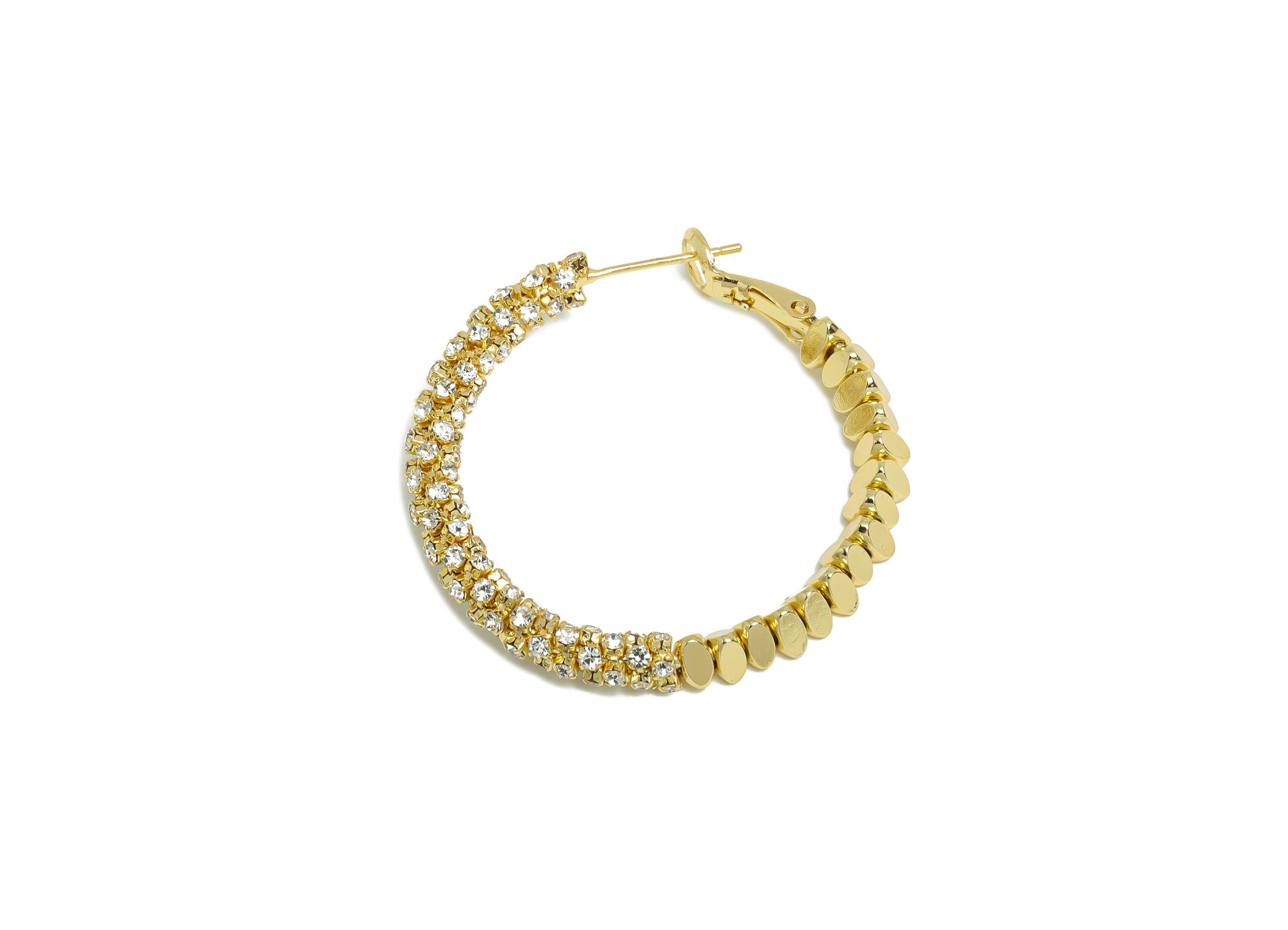 Brass Beaded Hoop Earring - Gold Stacked Triangle Zircon Earring - Geometric Clasp Back Earring -14K Real Gold-Plated-36x34x4.5mm-RGP9509-14 - DOMEDBAZAAR