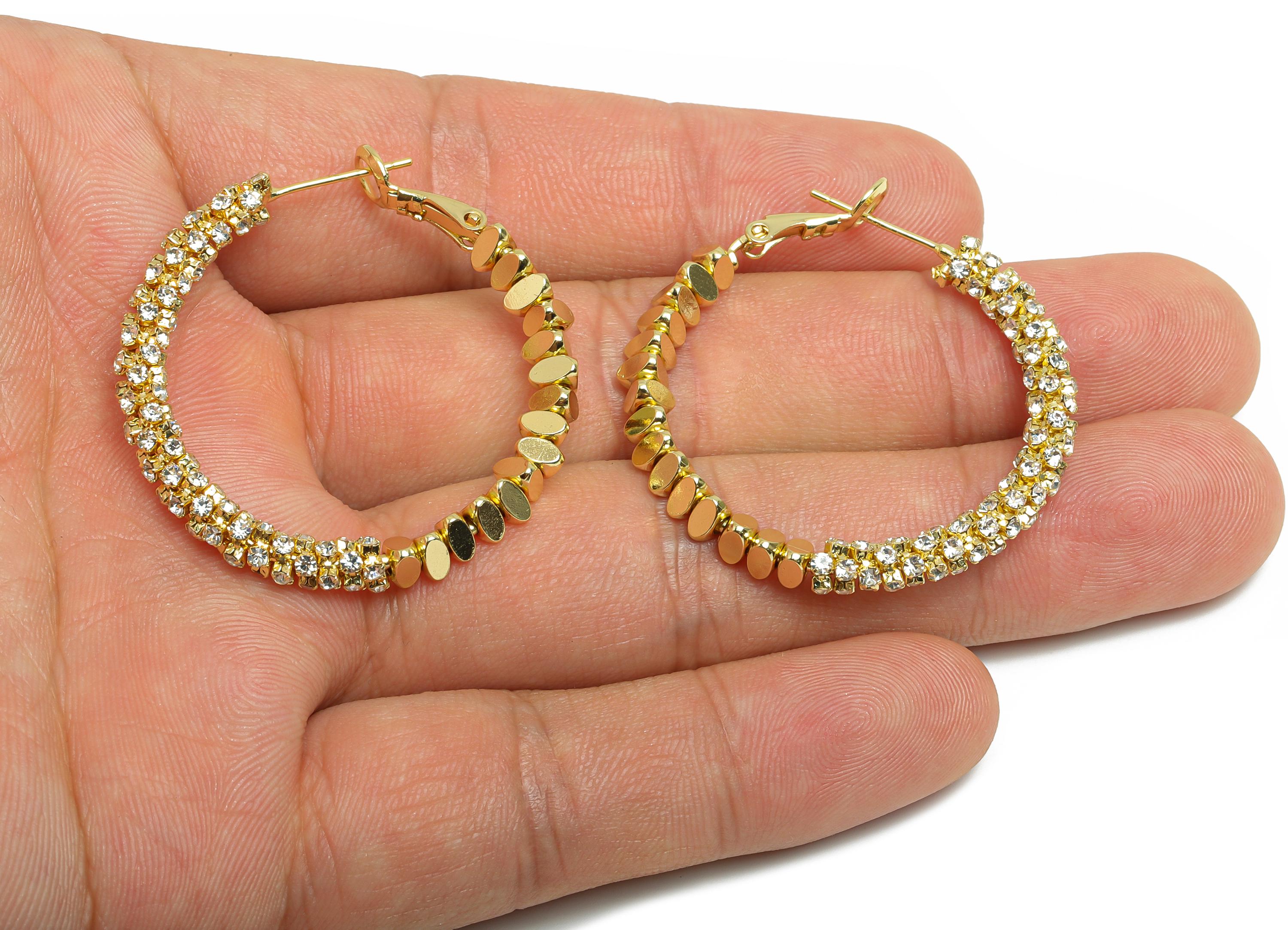 Brass Beaded Hoop Earring - Gold Stacked Triangle Zircon Earring - Geometric Clasp Back Earring -14K Real Gold-Plated-36x34x4.5mm-RGP9509-14 - DOMEDBAZAAR