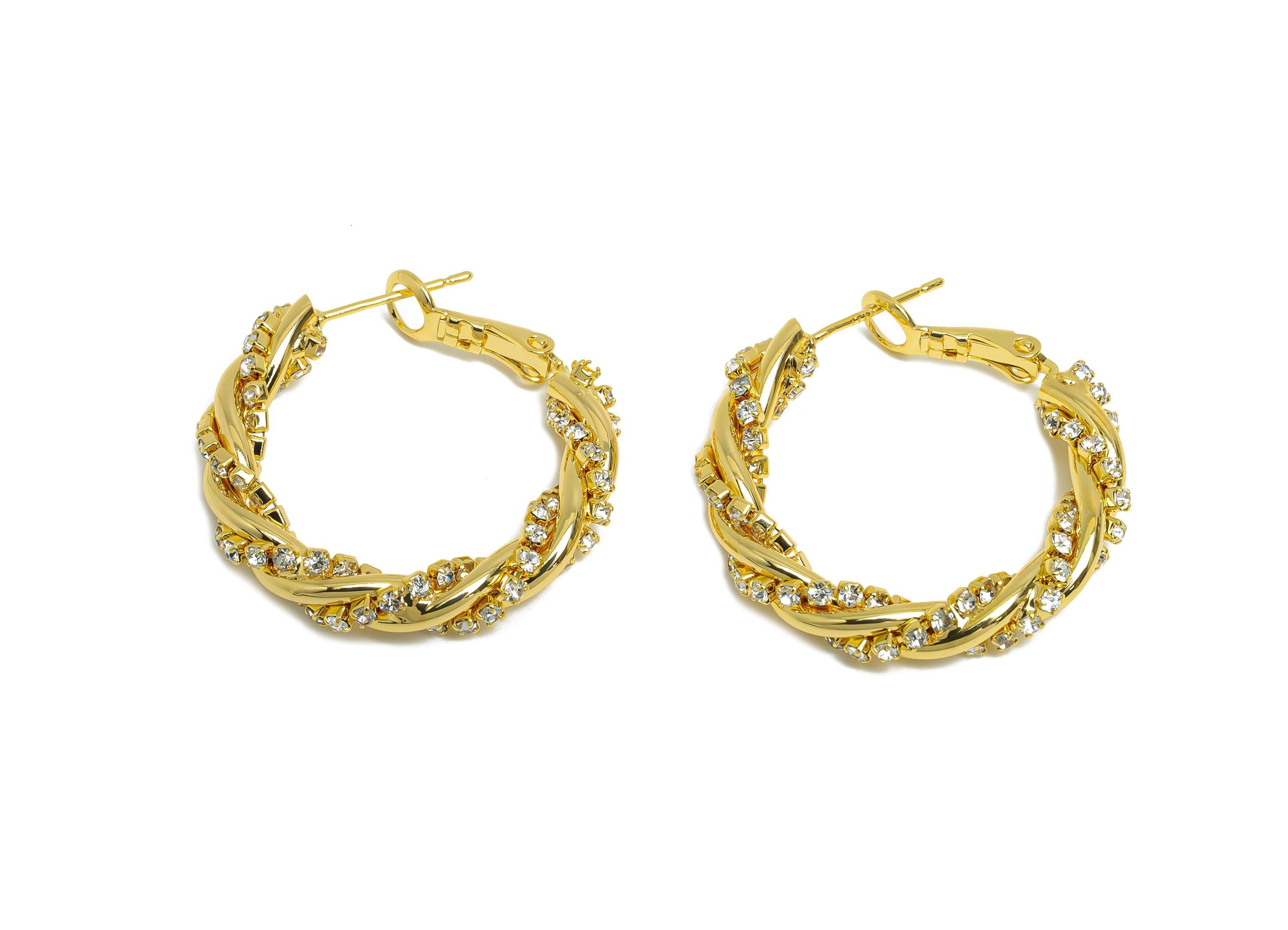 Brass Twisted Hoop Earring - Gold Round Luxurious Zircon Earring - Geometric Clasp Back Earring - 18K Real Gold-Plated - 30x26x4mm - RGP9506 - DOMEDBAZAAR
