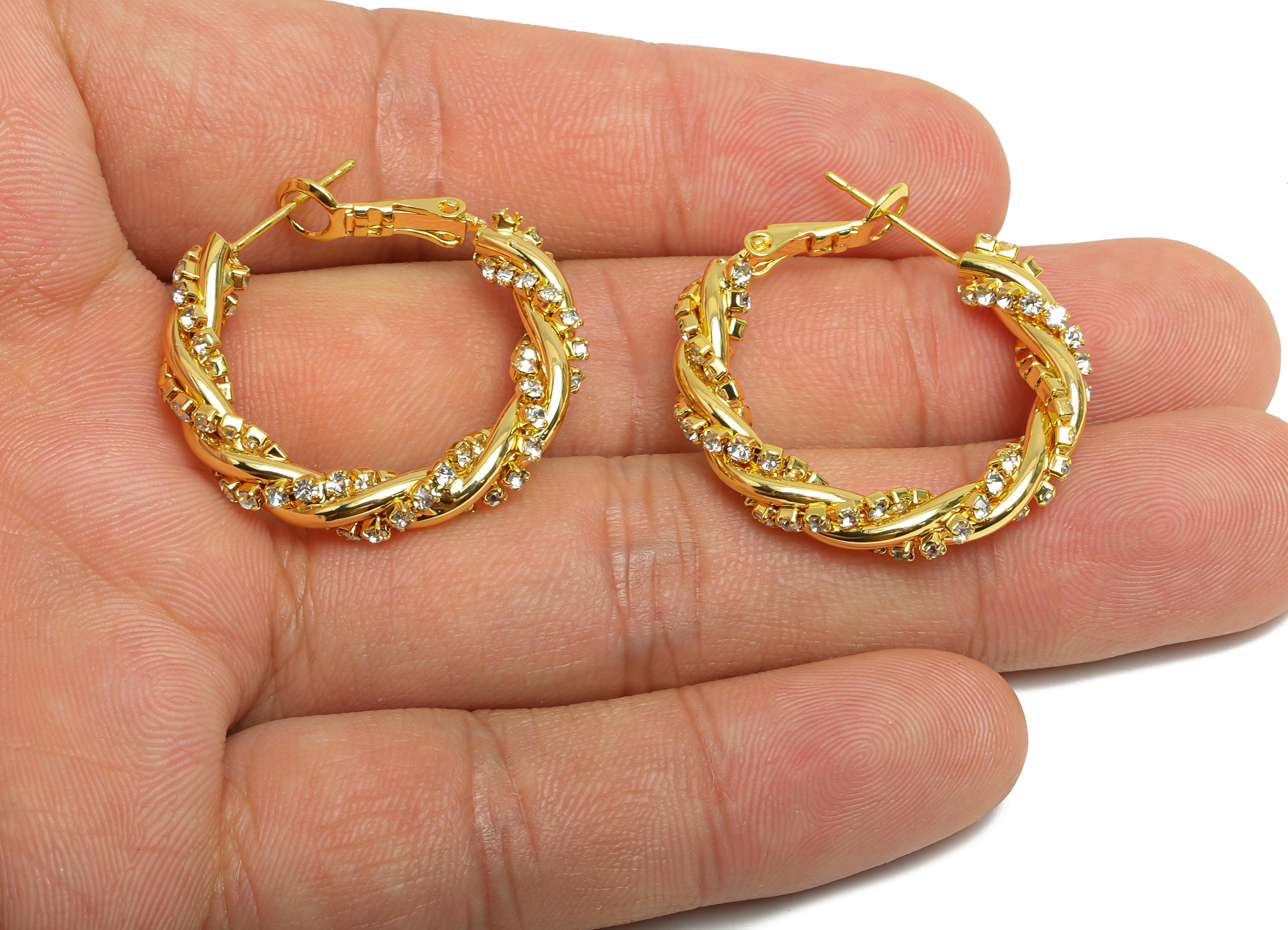 Brass Twisted Hoop Earring - Gold Round Luxurious Zircon Earring - Geometric Clasp Back Earring - 18K Real Gold-Plated - 30x26x4mm - RGP9506 - DOMEDBAZAAR