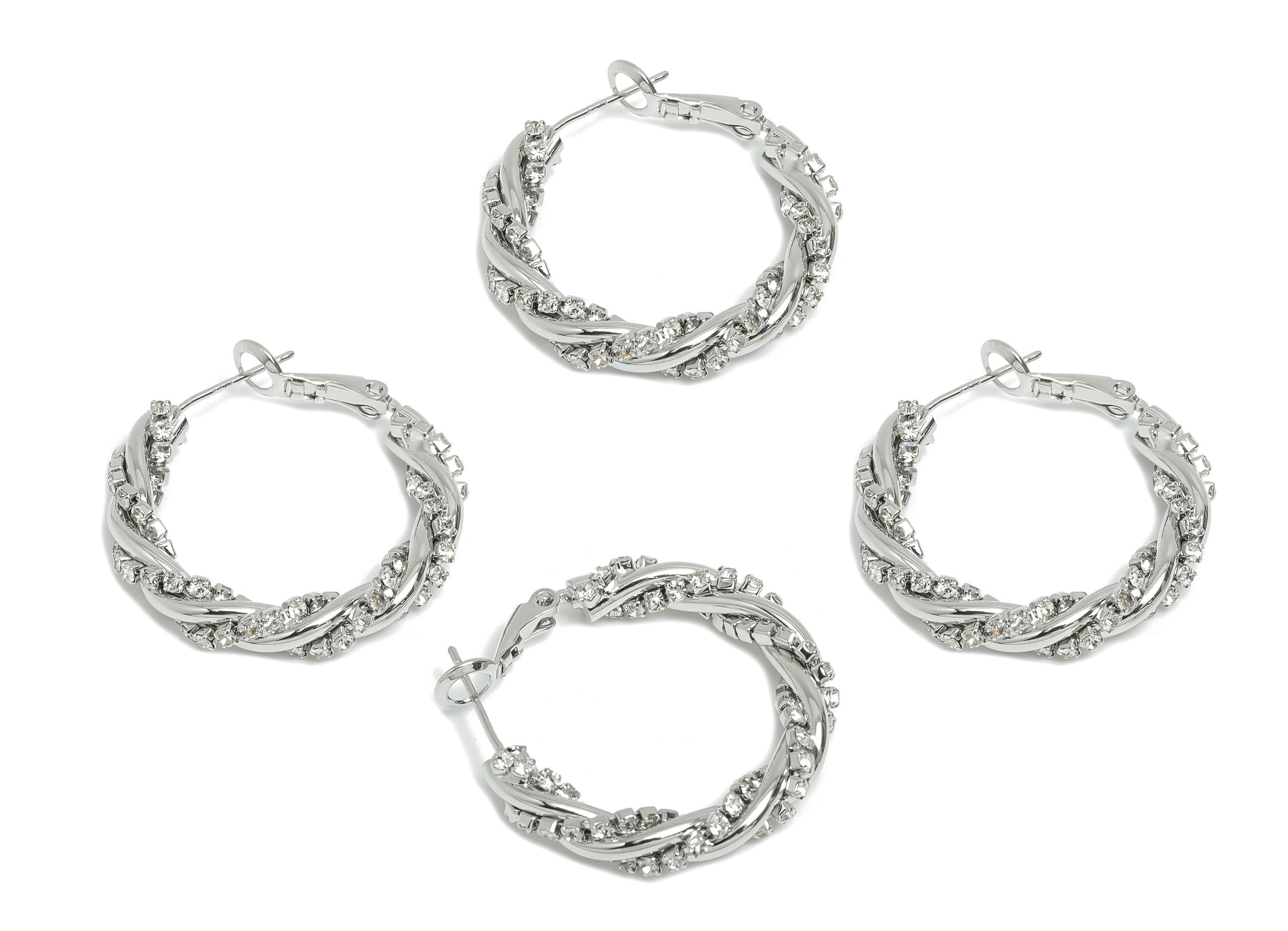 Brass Twisted Hoop Earring - Silver Round Luxurious Zircon Earring - Geometric Clasp Back Earring -18K White Gold-Plated -30x26x4mm-RGP9506S - DOMEDBAZAAR
