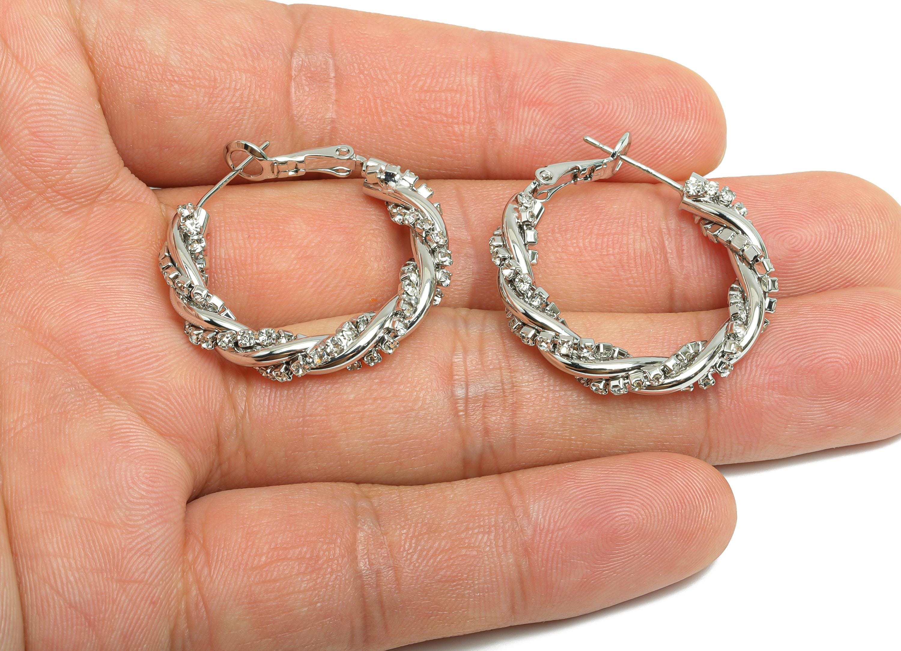 Brass Twisted Hoop Earring - Silver Round Luxurious Zircon Earring - Geometric Clasp Back Earring -18K White Gold-Plated -30x26x4mm-RGP9506S - DOMEDBAZAAR